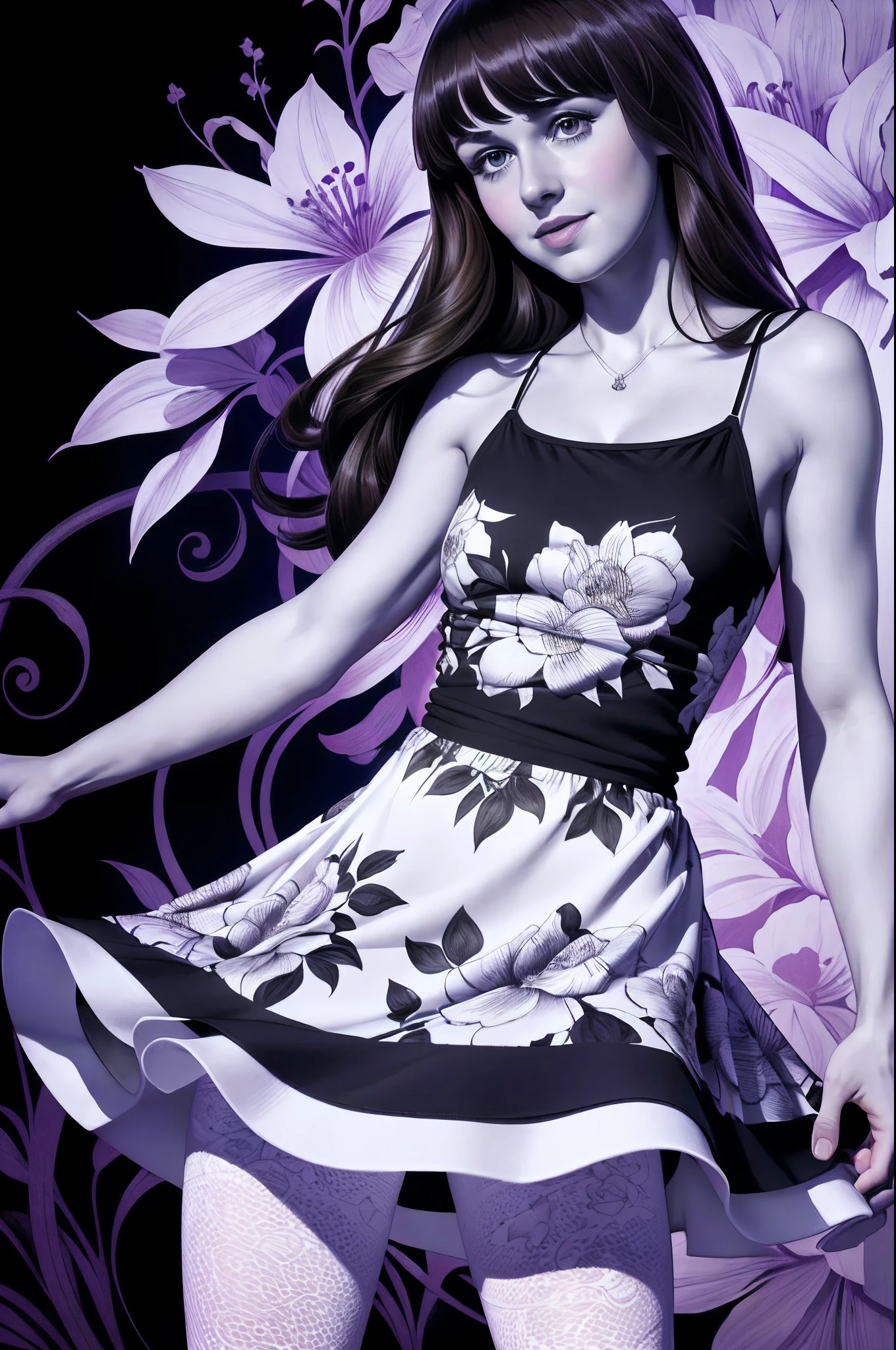 (Best Quality, tmasterpiece:1,1), ((young Natalia Varley)) in a short sundress and leggings with a floral print, A satisfied look ,((Стиль Austin-Briggs)), improvisation, Detailed Illustration, grotesque, Complicated details, chilling, (aesthetics), excitement, Hyper-realistic, insanely detailed,