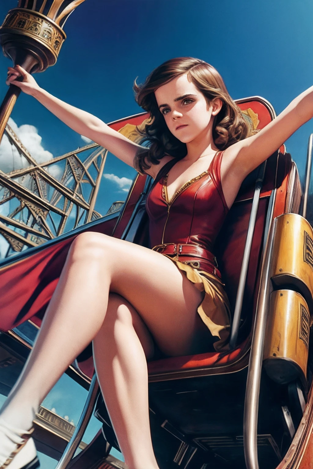 Emma Watson  on a roller coaster, epic, pulp art, fantasy magazine, circa 1978