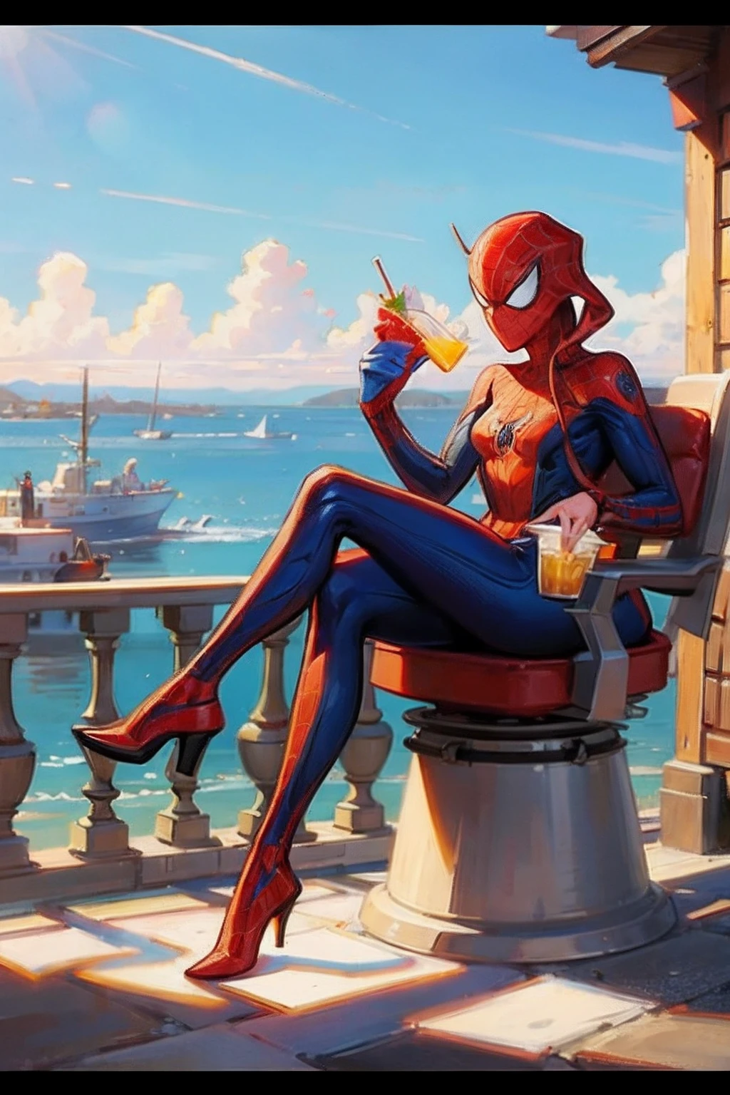 best quality, masterpiece),spider man on top of Lady Liberty drinking a smoothie,solo,contmporary,