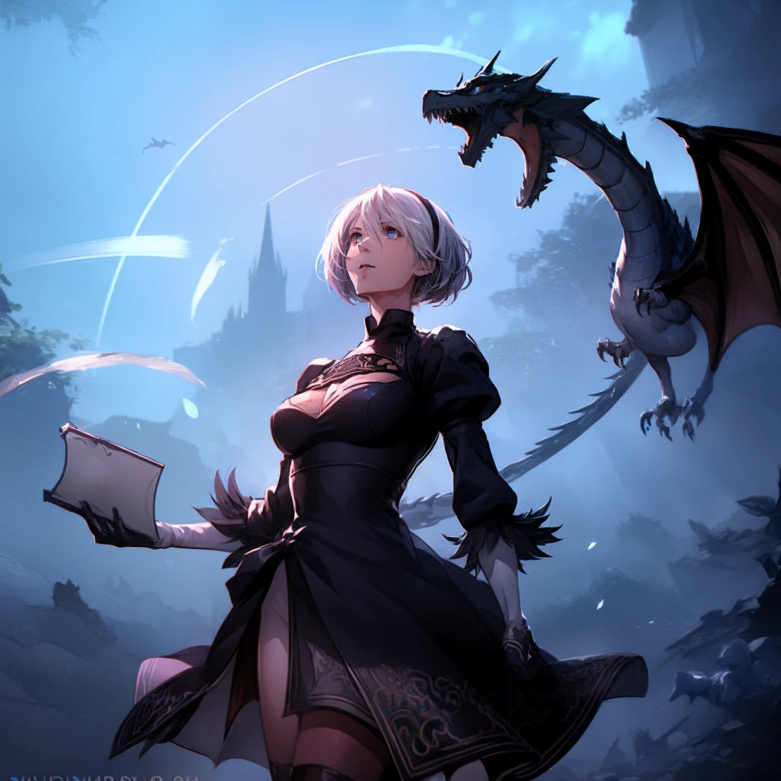 Nier automata Yorha N. 2 Type B, blue background, summoning Half-dragons, war, Magic in the sky, solo woman, summoner, witch