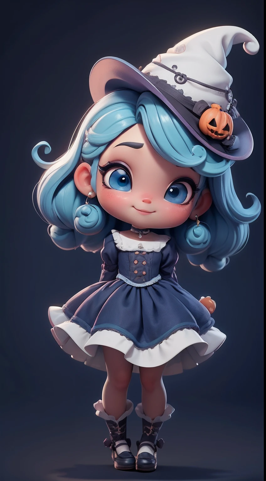 Create a series of cute chibi afro dread style dolls with a cute halloween theme, each with lots of detail and in an 8K resolution. All dolls should follow the same solid background pattern and be complete in the image, mostrando o (corpo inteiro, incluindo as pernas: 1.5)

Boneca Mini halloween: Chame-a de Marina. Ela deve ter cabelos pequenos em preto e azul pastel. Seus olhos devem ser grandes e expressivos, with long eyelashes and rosy cheeks. Sorriso delicado e branco. Marina deve estar vestida de vestido, an ornate hat. She should bring halloween accessories. Certifique-se de adicionar detalhes nas roupas, such as buttons and pockets, sapato bonito

Certifique-se de adicionar sombras, texturas e detalhes nos cabelos, roupas, Halloween utensils, to make them even more adorable and charming.