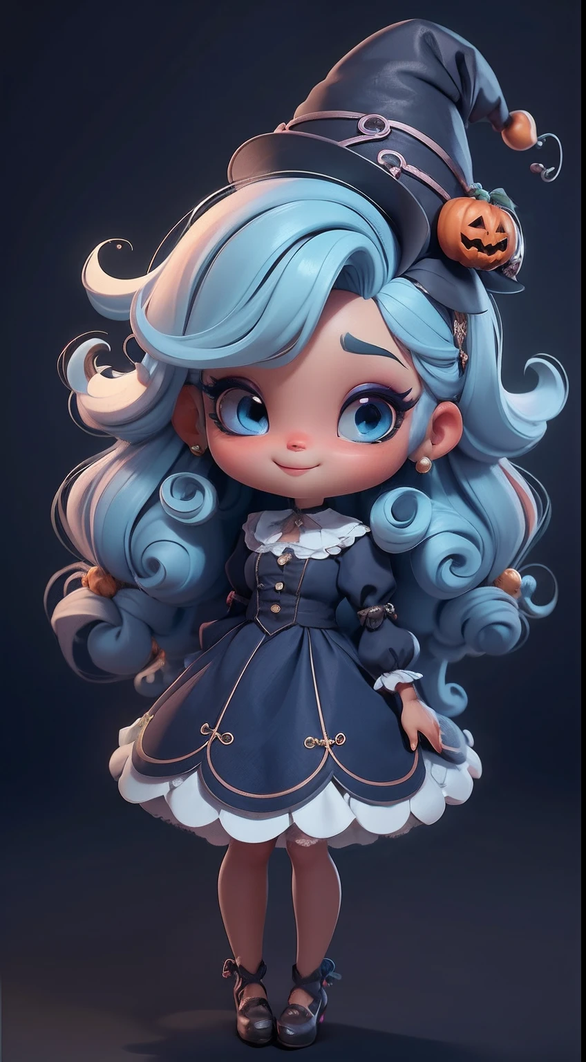 Create a series of cute chibi afro dread style dolls with a cute halloween theme, each with lots of detail and in an 8K resolution. All dolls should follow the same solid background pattern and be complete in the image, mostrando o (corpo inteiro, incluindo as pernas: 1.5)
Boneca Mini halloween: Chame-a de Marina. Ela deve ter cabelos pequenos em preto e azul pastel. Seus olhos devem ser grandes e expressivos, with long eyelashes and rosy cheeks. Sorriso delicado e branco. Marina deve estar vestida de vestido, an ornate hat. She should bring halloween accessories. Certifique-se de adicionar detalhes nas roupas, such as buttons and pockets, sapato bonito
Certifique-se de adicionar sombras, texturas e detalhes nos cabelos, roupas, Halloween utensils, to make them even more adorable and charming.