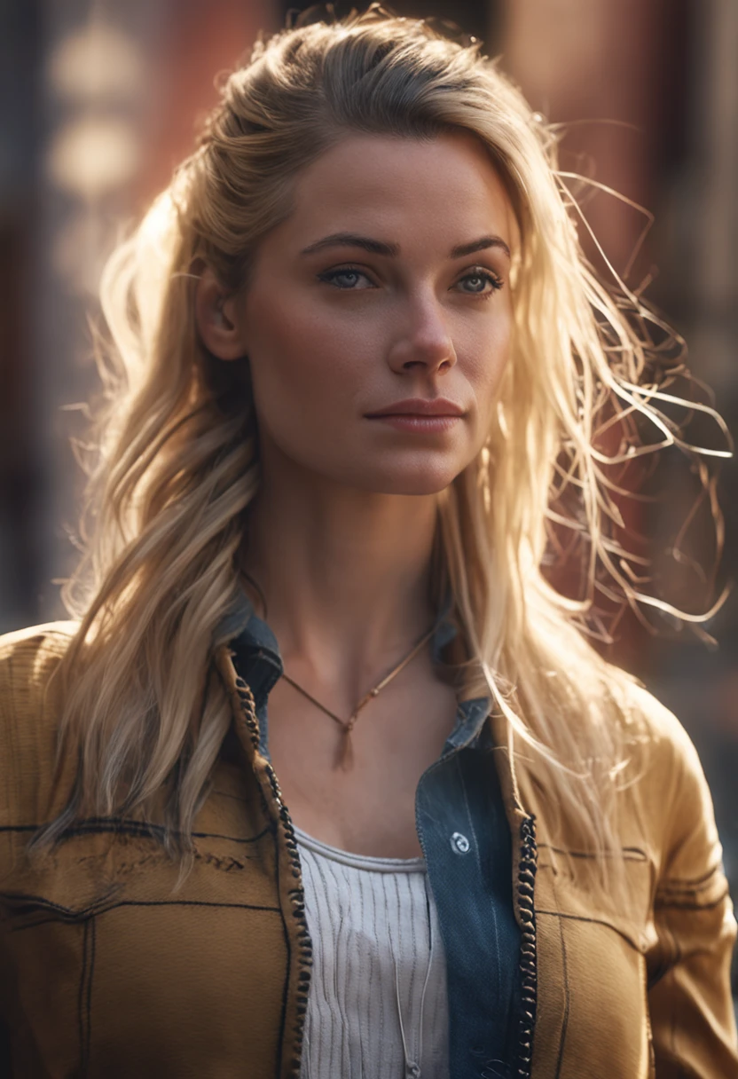 30 year old beautiful woman, wearing a fitting jeans, boots, a red top, small boobs, blonde hair, streaked hair, braided ponytail, braided bangs, upturned eyes, makeup, shy, embarrassed, ray tracing, god rays, cinematic lighting, depth of field, drop shadow, close-up, lens flare, f/1.8, close-up, masterpiece, high quality, 4K