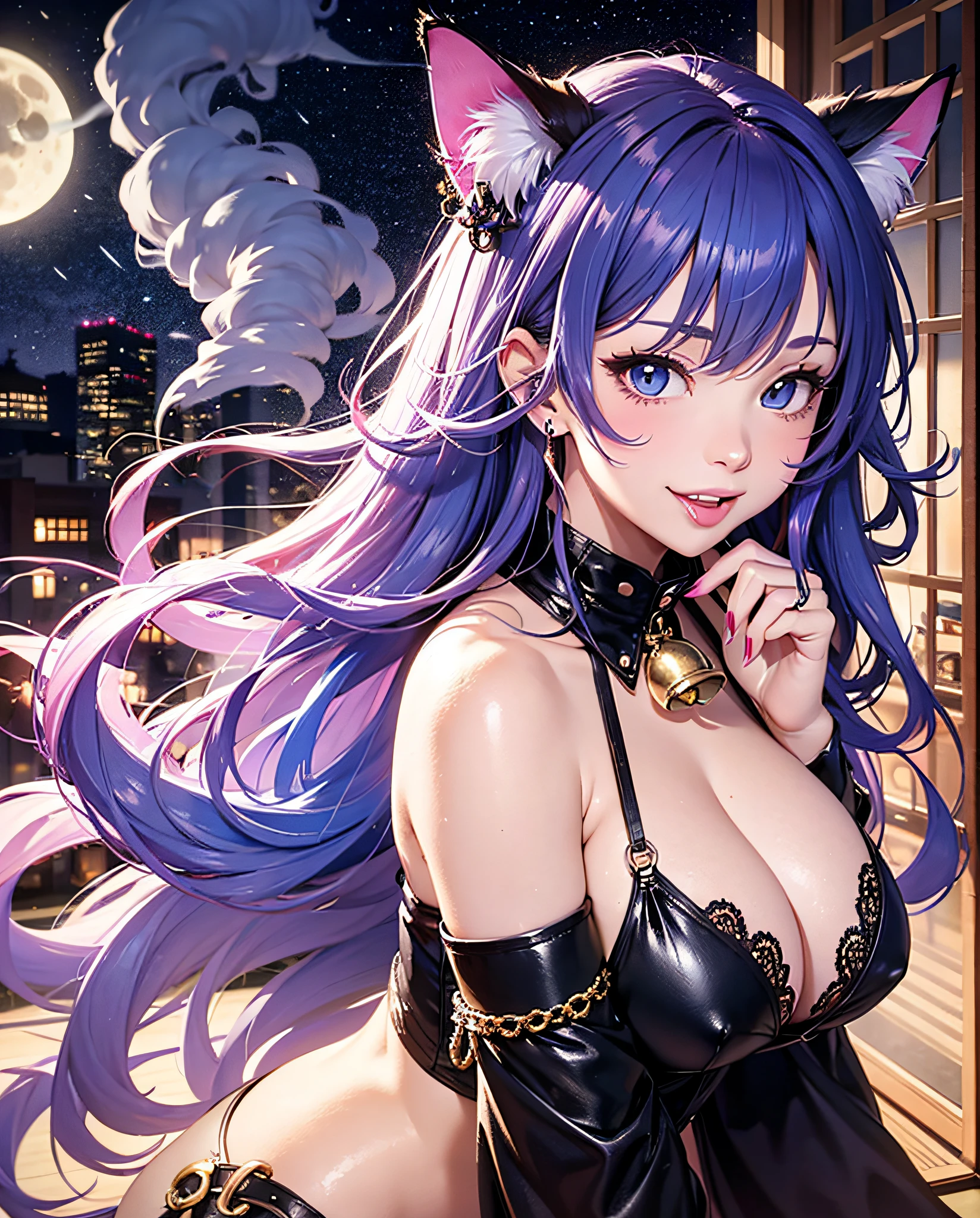 16K Ultra High Definition
Highest Quality
Glamorous cat girl
super big big big ass
Super Detail
Ultra-realistic body
Shiny skin
Glossy detailed hair texture
long beautiful long hair with gradient color from black to blue,,,,,,,
Sly smile
Cute fangs and pink tongue peek out
plump pink nipple rings protruding slightly from her outfit
Collar with bell
Sexy with her body、This pose is a pose that hides very large breasts with your hands.
Tail extending from her ass
Bewitching smoke covering the surroundings。The background is a Japanese-style room at night where you can see the moon from the window