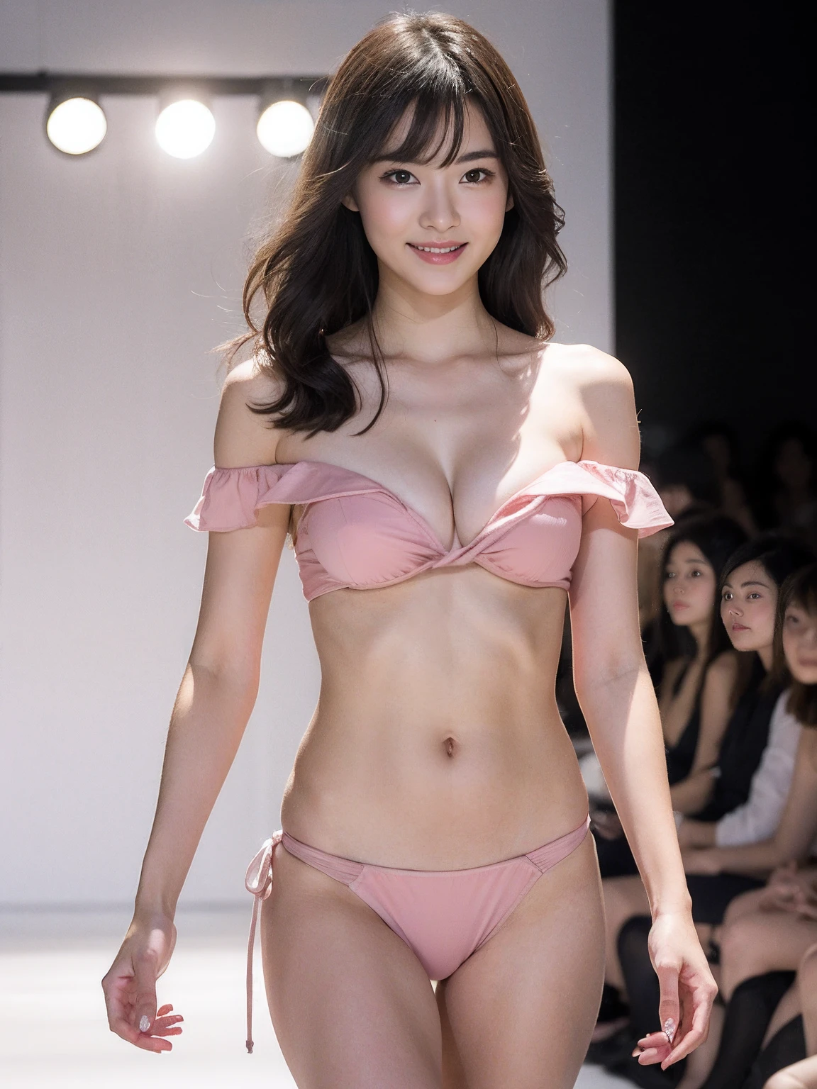 (Masterpiece:1.3), (8k, Photorealistic, RAW Photography, Best Quality: 1.4), (((1girl:1.3))), A pretty woman with perfect figure :1.4, Cute face, Beautiful Face, (Realistic Face), Beautiful Hairstyle, Realistic Eyes, Beautiful Details, (Realistic Skin), Beautiful Skin, Attractive, Ultra High Definition, Ultra Realistic, Very Detailed, (small breasts:1.3), (cleavage:0.8), Japanese walking the runway at a fashion show, semi-long curly hair, bangs, (Brown hair, small breasts:1.3), ((slim figure:1.2)), Small buttocks, ((Off shoulder micro light pink bikini)), (narrow areola, small areola), (perfectly shaped ), (Small and beautiful ), poses of fashion models, gentle smile