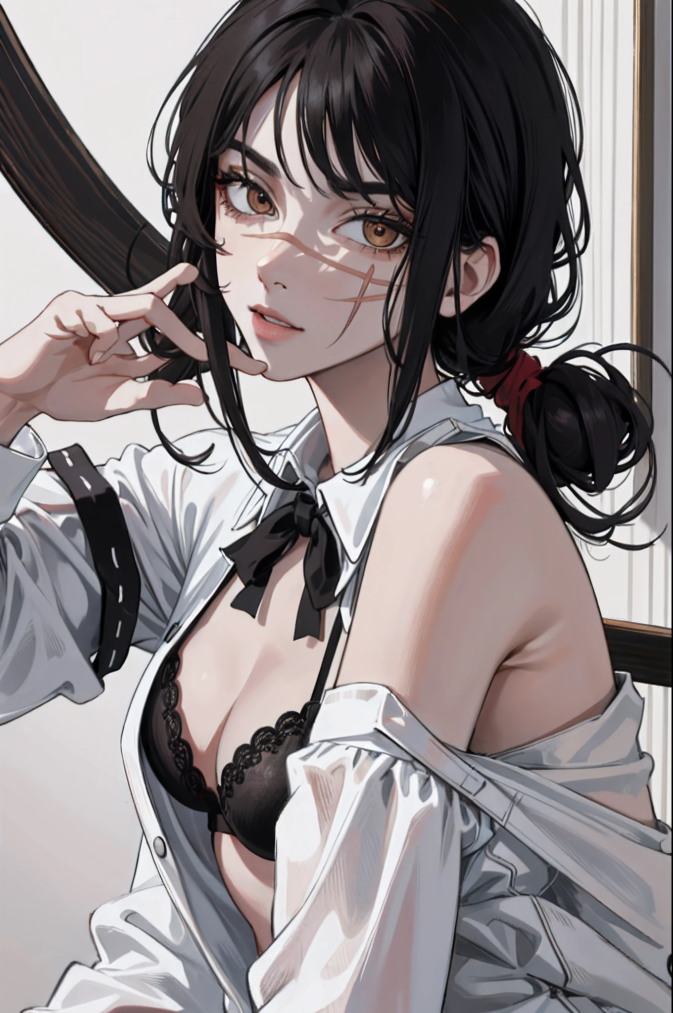 (masterpiece:1.2, best quality), 1lady, Yoru, solo, photorealistic, upper body, small breasts, focus on face, realistic, pastel painting, powerful, intelligent, sensual, detailed eyes (intimidating look, Brown eyes) well detailed, black hair, hair tied, hair tied at the end, red ribbon on the hair, best CG, oversized shirt, open shirt, black bra, perfect body, black panties