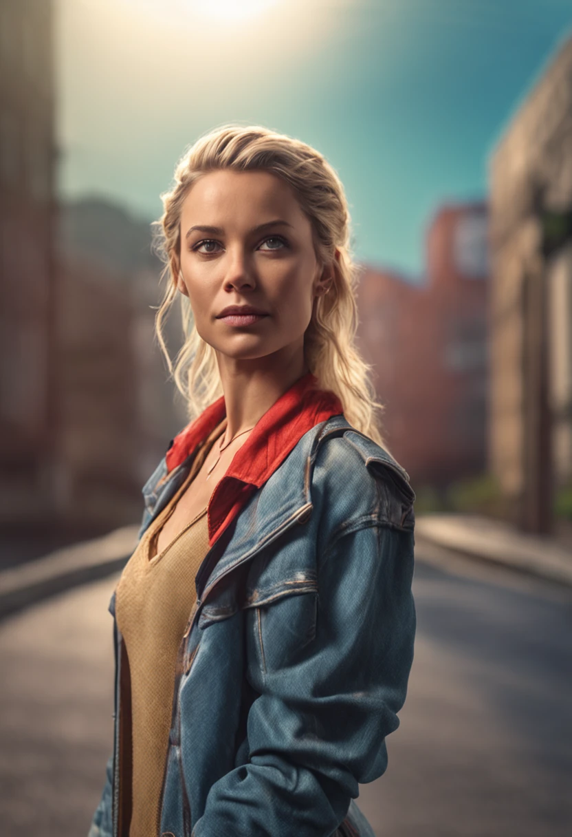 30 year old beautiful woman, wearing a fitting jeans, boots, a red top, small boobs, blonde hair, streaked hair, braided ponytail, braided bangs, upturned eyes, makeup, shy, embarrassed, ray tracing, god rays, cinematic lighting, depth of field, drop shadow, close-up, lens flare, f/1.8, from behind, masterpiece, high quality, 4K