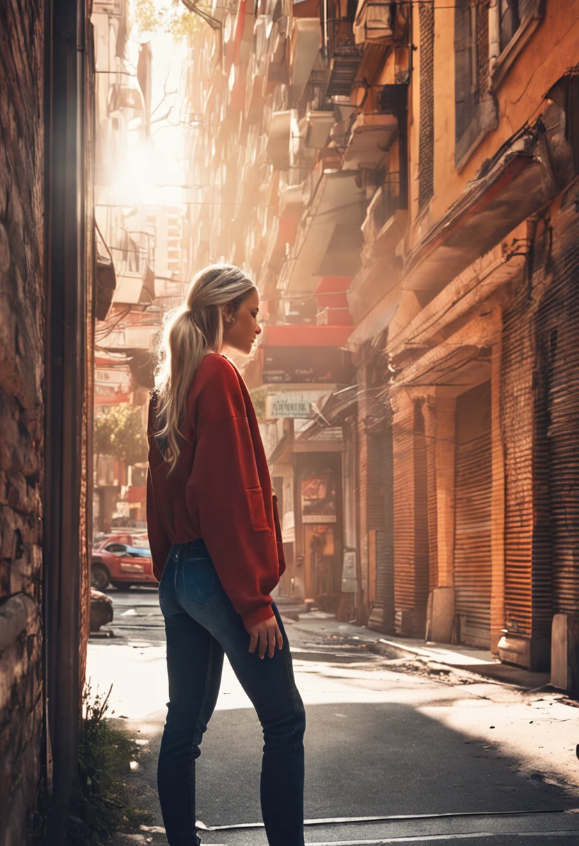30 year old beautiful woman, wearing a fitting jeans, boots, a red top, small boobs, blonde hair, streaked hair, braided ponytail, braided bangs, upturned eyes, makeup, shy, embarrassed, ray tracing, god rays, cinematic lighting, depth of field, drop shadow, close-up, lens flare, f/1.8, from behind, masterpiece, high quality, 4K