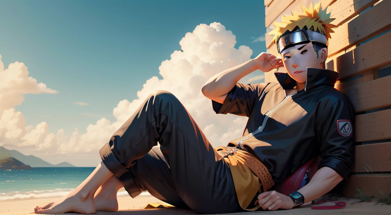 Create an illustration of Naruto relaxing in Konoha.