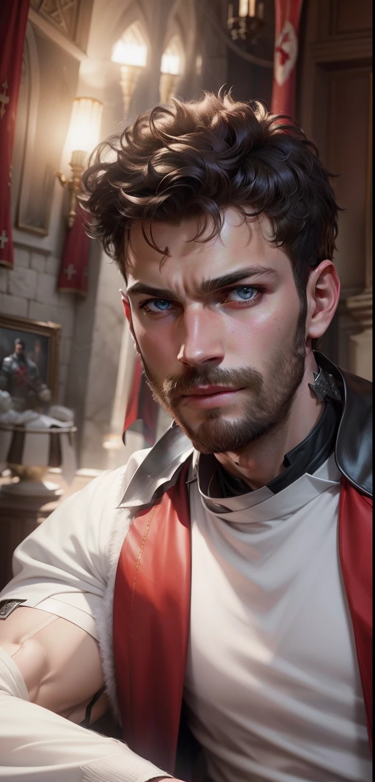 Create a Templar, Knightfall series, wearing white tunic with red cross, dark beard, similar to actor Jamie Dornan, super detail-oriented, realistic, Jamie Dornan, Templar, blue eyes, cinematic style, Knightfall, 8k resolution, best quality, close up.