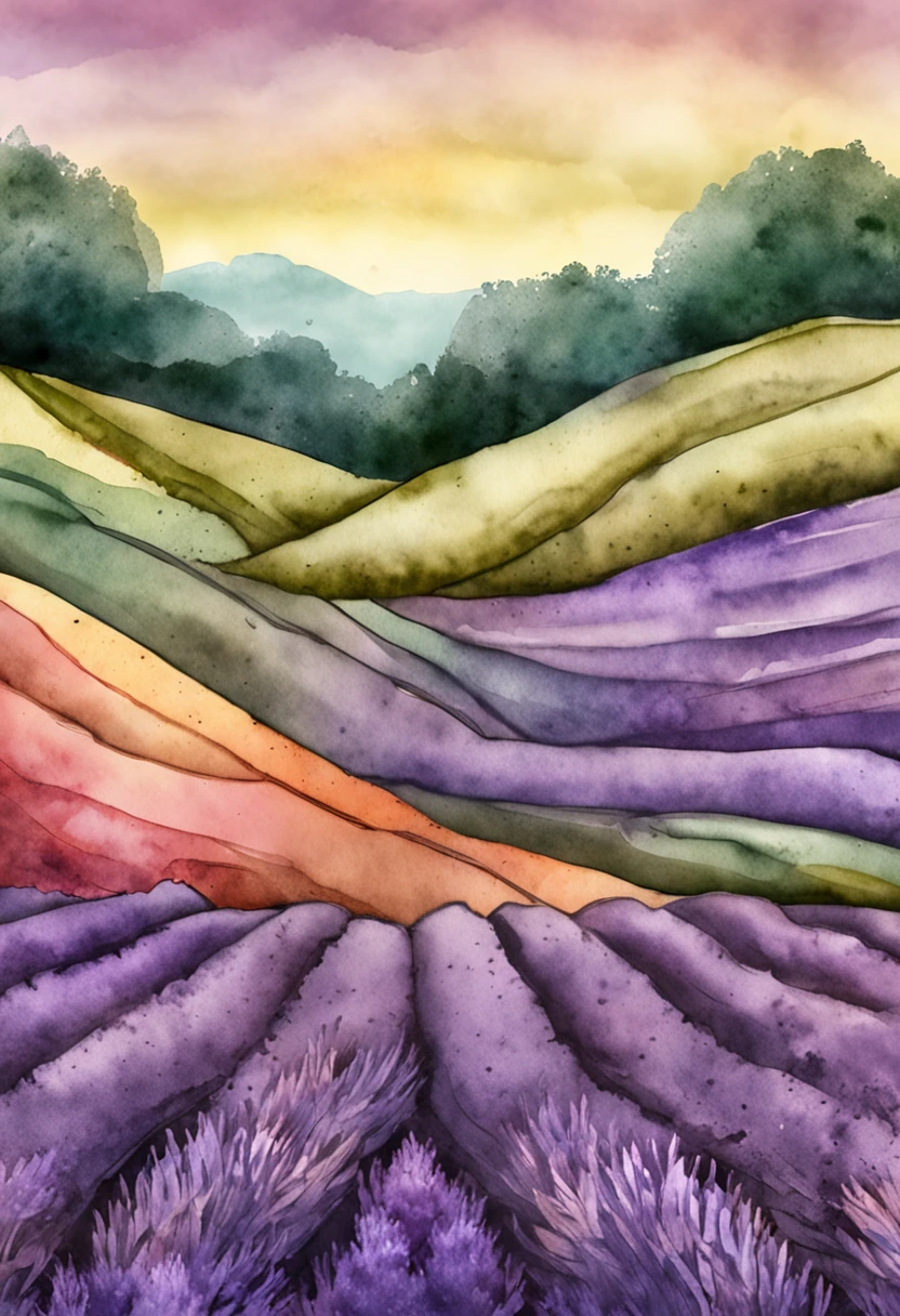 Create an artistic painting with watercolor effect of the lavender plant, sobre uma tela de pintura com textura canvas, apenas com as cores originais da planta alfazema