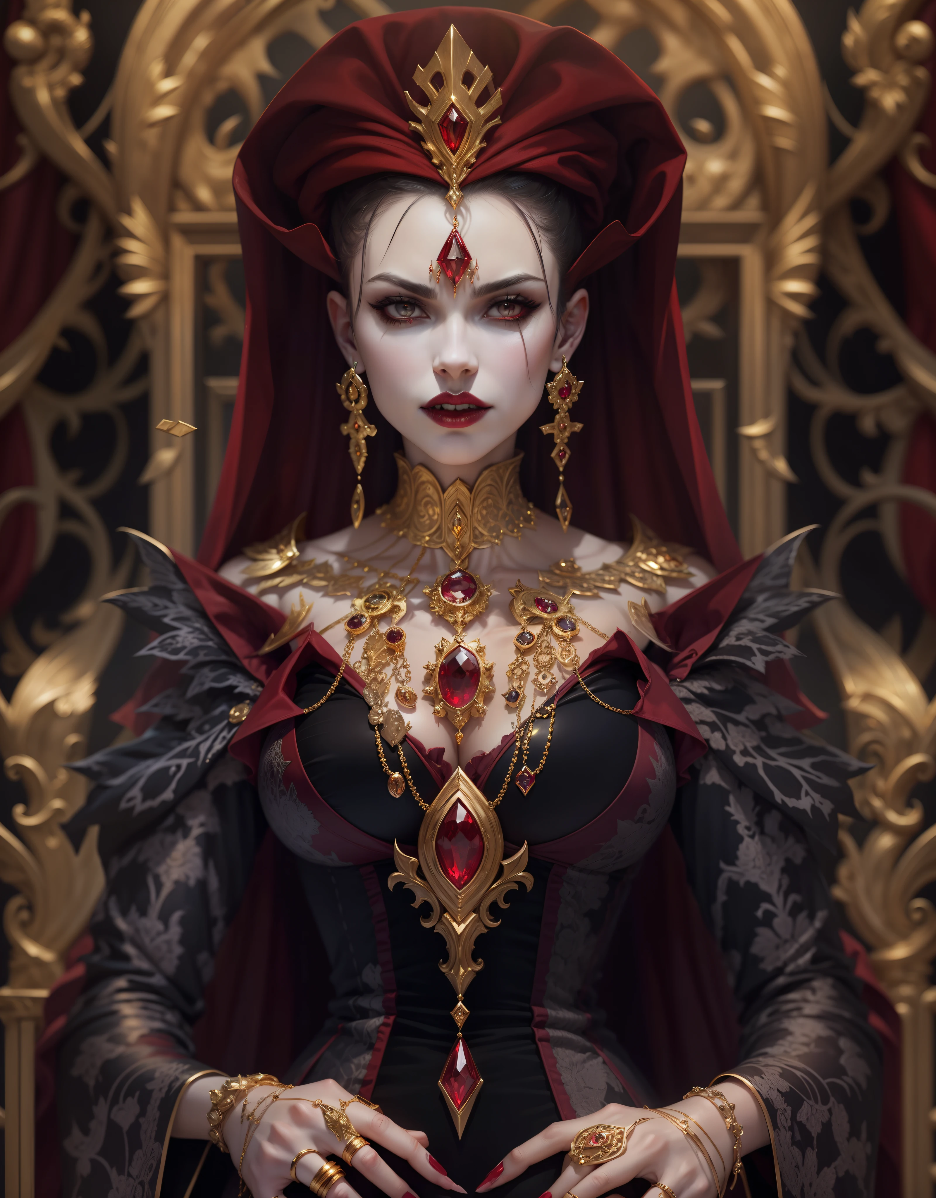 The Vampire Queen, Gothic style, a lot of jewelry, a gold, Rubies, Velvet, Silk, Evil Look, higly detailed, Symmetrical, properly proportioned, 30 thousand...