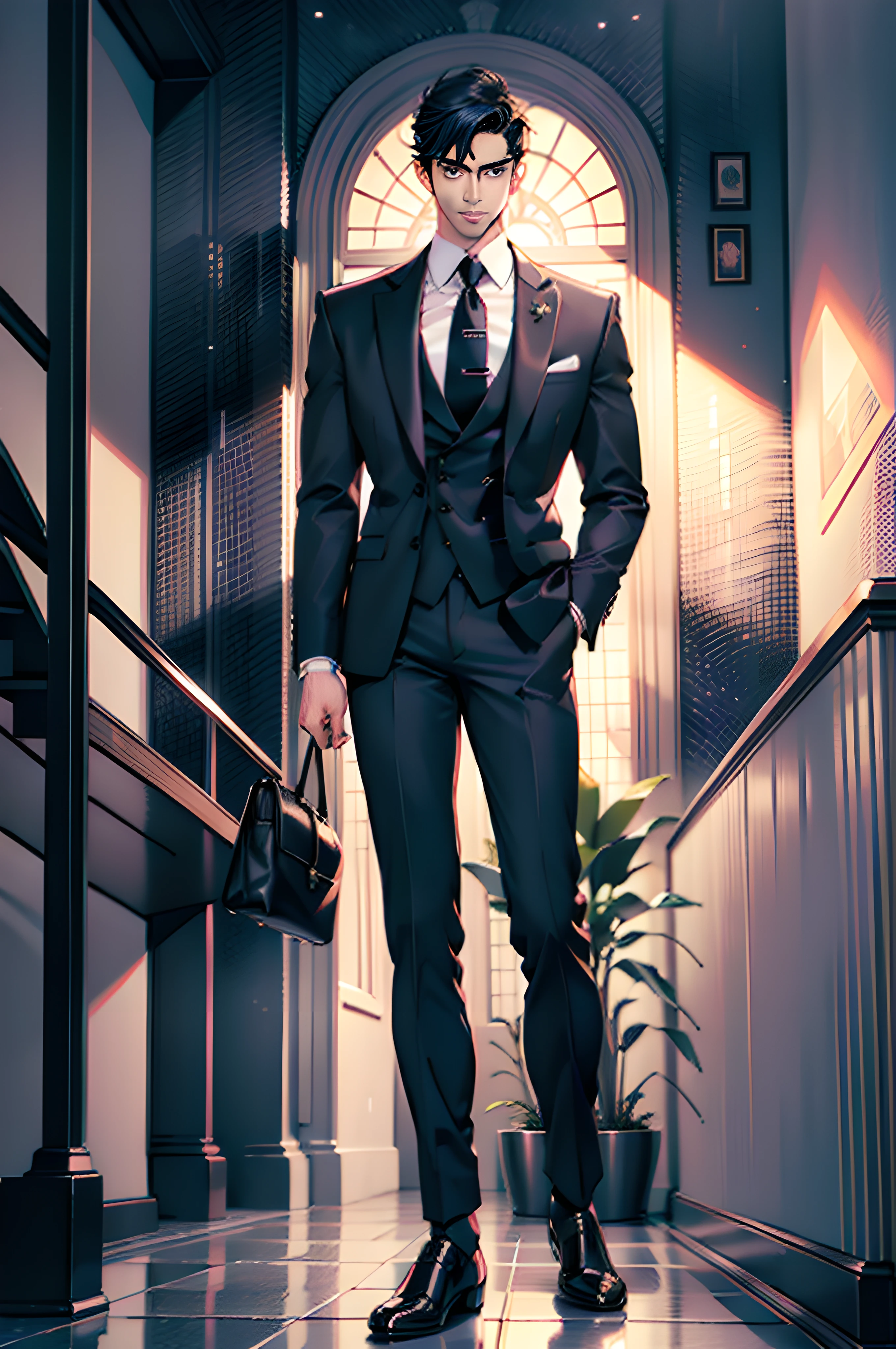 Realistic, (best quality, masterpiece: 1.3), men, (in suit) (walking down the street) --auto --s2