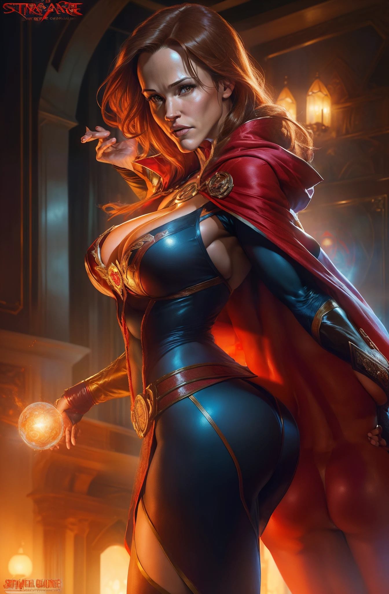 ((Jennifer Garner from Alias TV series) as Dr. strange), defined muscles, red hair, athletic build, tight costume, highly detailed, sexy revealing lots of skin, large breasts, ((casting a spell)), ((wearing Dr. Stange cape), ((wearing Dr. Strange cloak)), ((lots of cleavage)), ((huge sigillum aemeth filling background)), ((rear view)), ((butt towards the camera))