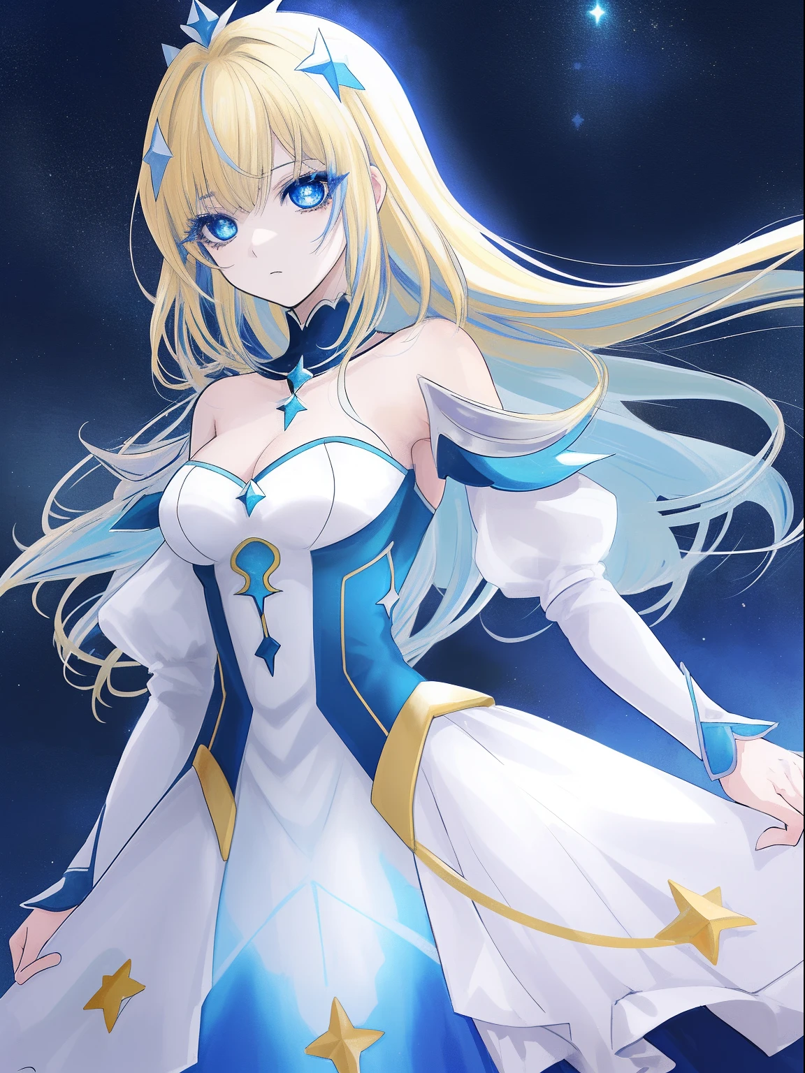 crie uma personagem de anime heroina de cabelos longos e loiros dourados, olhos azul escuro com estrelas, traje de vestido azul escuro e prata com detalhes de estrelas, blonde hair