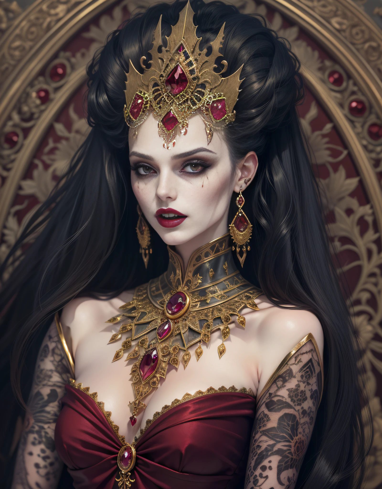 The Vampire Queen, Gothic style, a lot of jewelry, a gold, Rubies, Velvet, Silk, Evil Look, higly detailed, Symmetrical, properly proportioned, 30 thousand..