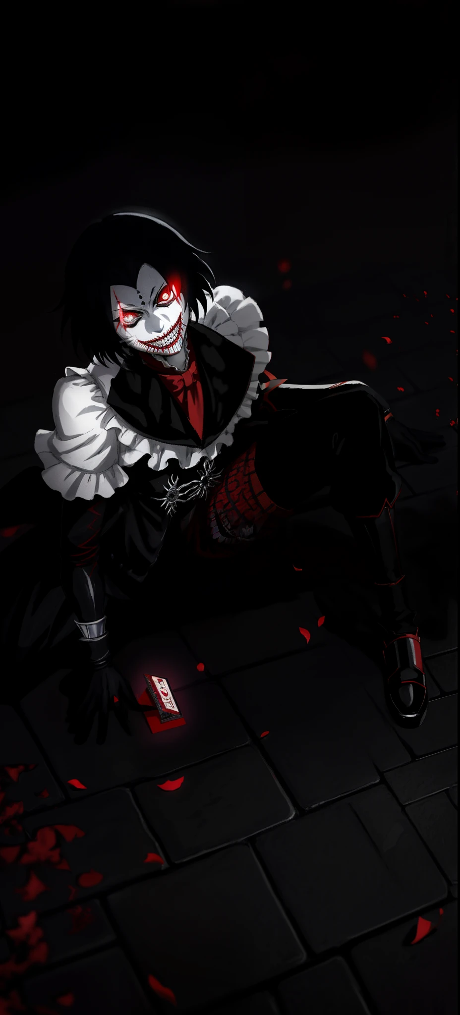 Male, Young, Smirk, Crimson Eyes, Snake Pupils, Snake Eyes, Light Grey Skin, Vampire Fangs