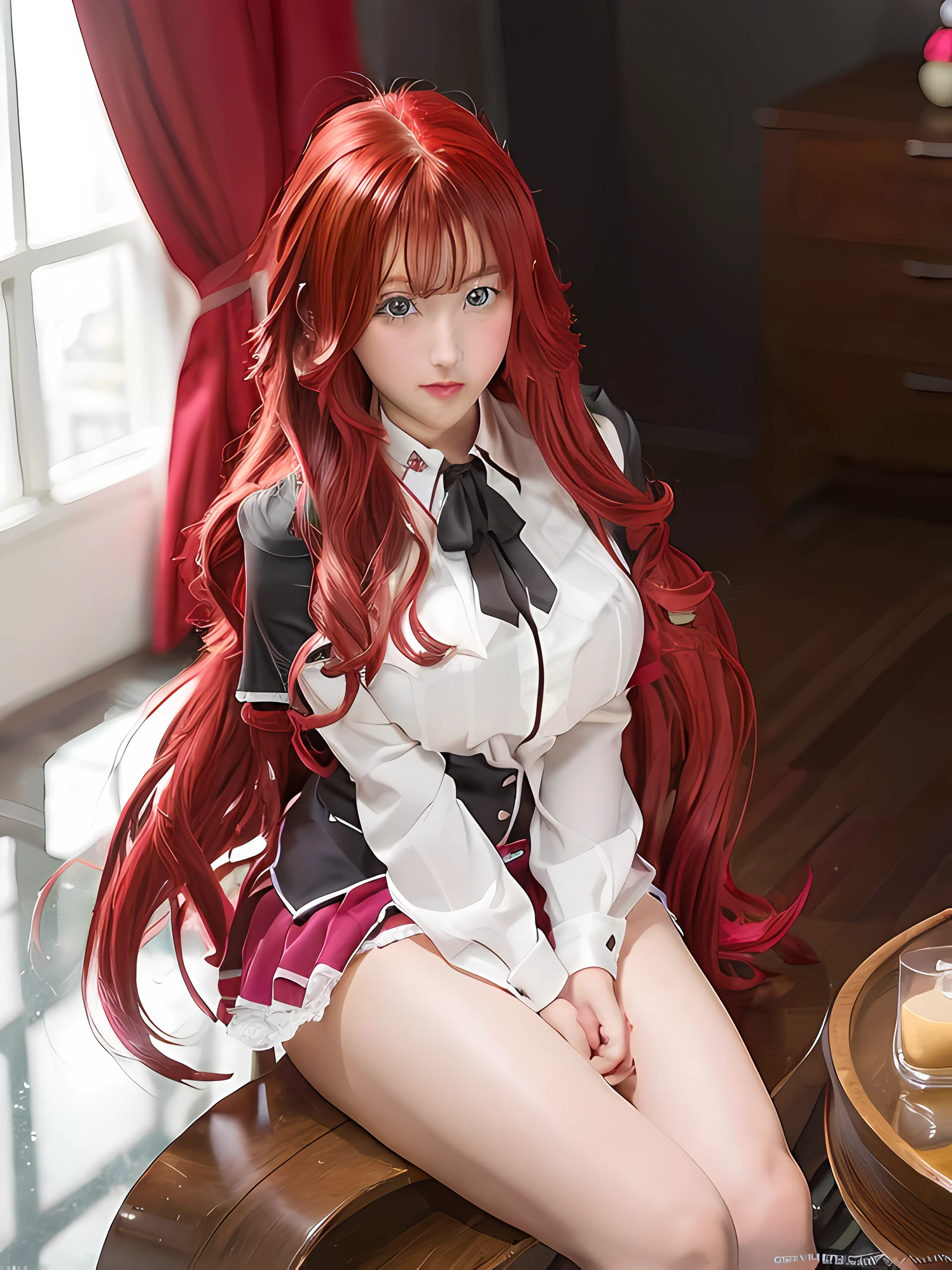 1girl, rias(Highschool DxD), crimson hair, photorealistic, big breasts, looking at the viewer, full body art, realism, ultra HD,