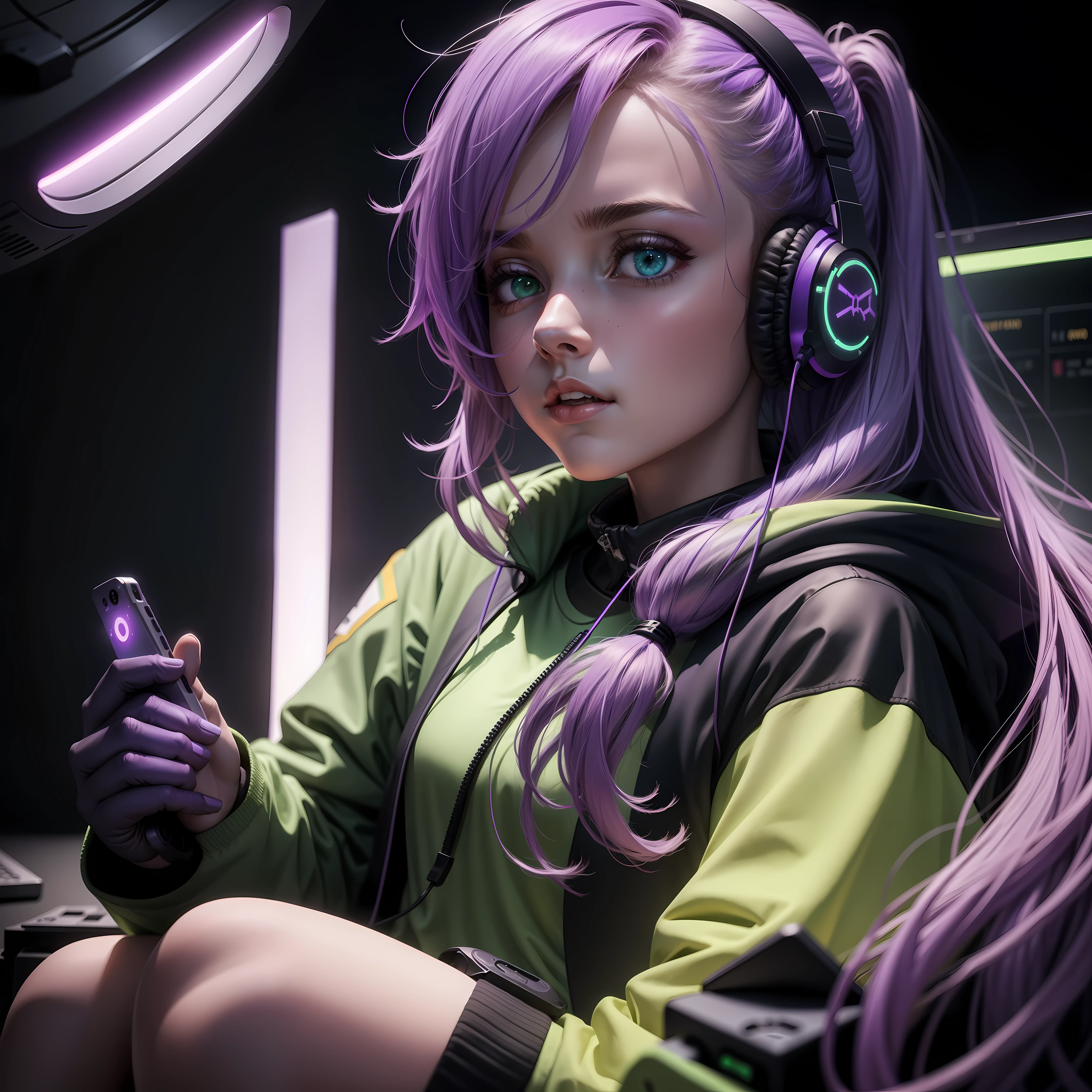 Realistic Hacker Girl winning a game while wearing headphones and a controller in a dark room with dim purple and green room lighting setup.