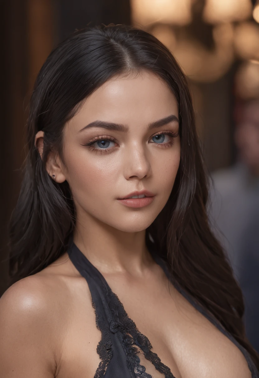 A naked, extremely beautiful and sexy tanned Latina girl at a party, (tanned skin) big lips, blue eyes () big breast, big hips and small waist, naked, tattoos, hyper detailed, ultra sharp, long black hair in braids, 8k, (insanely detailed:1.5), full body photograph, 20 megapixel, canon eos r3, detailed skin, pale skin (Masterpiece), best quality, highly detailed, ultra-realistic, dramatic lighting from below