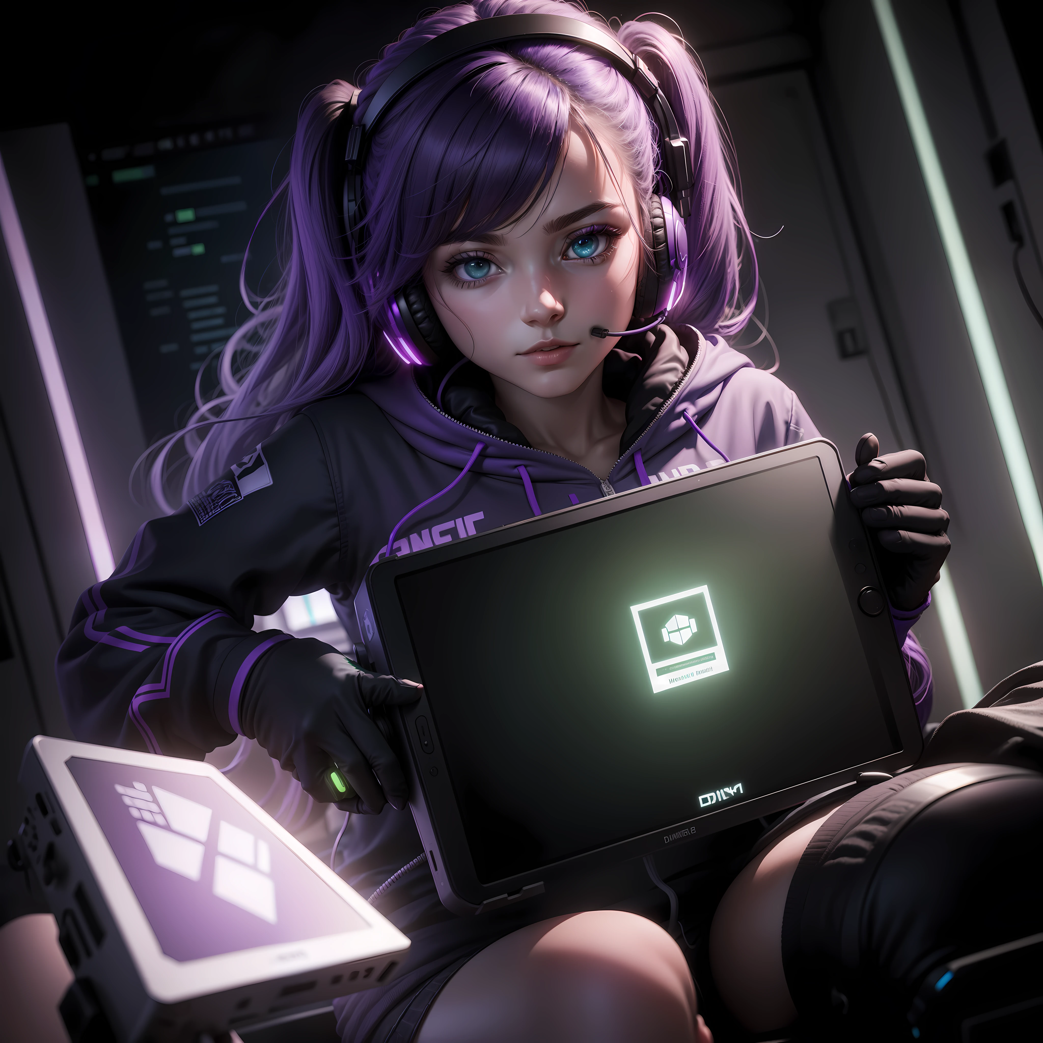 Realistic Hacker Girl winning a game while wearing headphones and a controller in a dark room with dim purple and green room lighting setup.