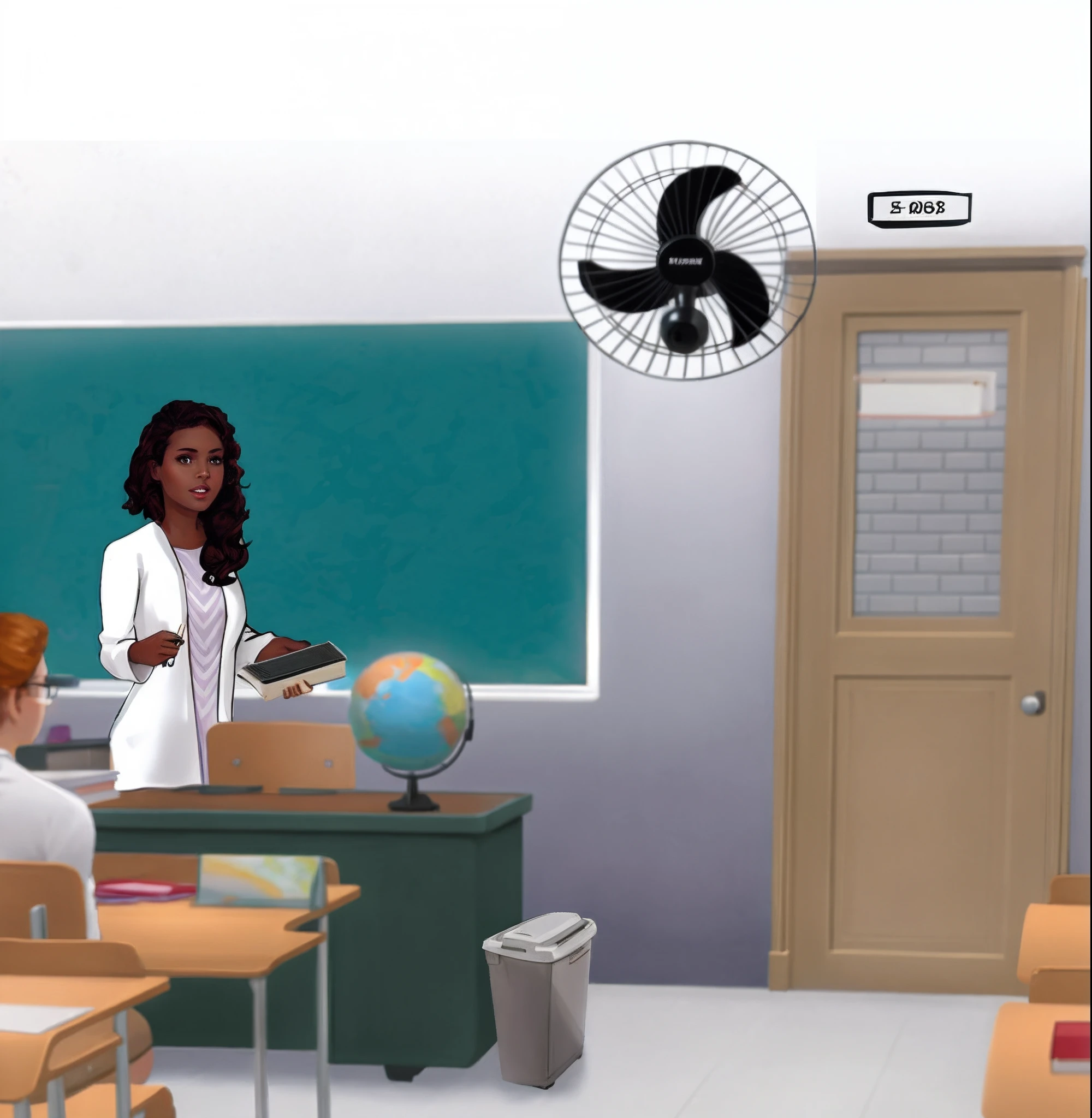 There is a woman in front of a classroom with a fan,