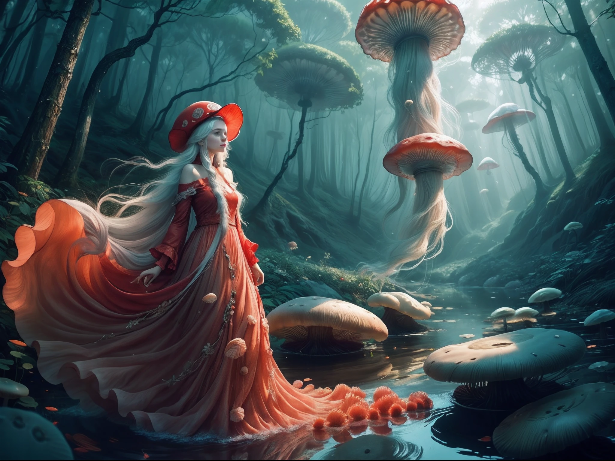 red jellyfish,jellyfishforest, 1girl, long hair, dress, solo, white hair,red hat,mushroom, nature, outdoors, tree, walking, forest, water