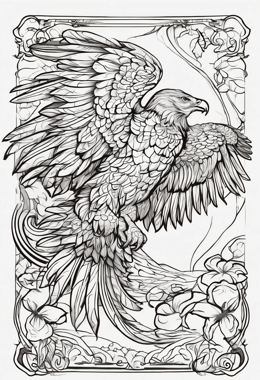 Generate an image of a midnight fenix colored in an art style suitable for a coloring book. Make sure the picture is clear and easy for children to color.. The image should be large and detailed enough to take up half a page of a standard coloring book.. el dibujo que tenga marco