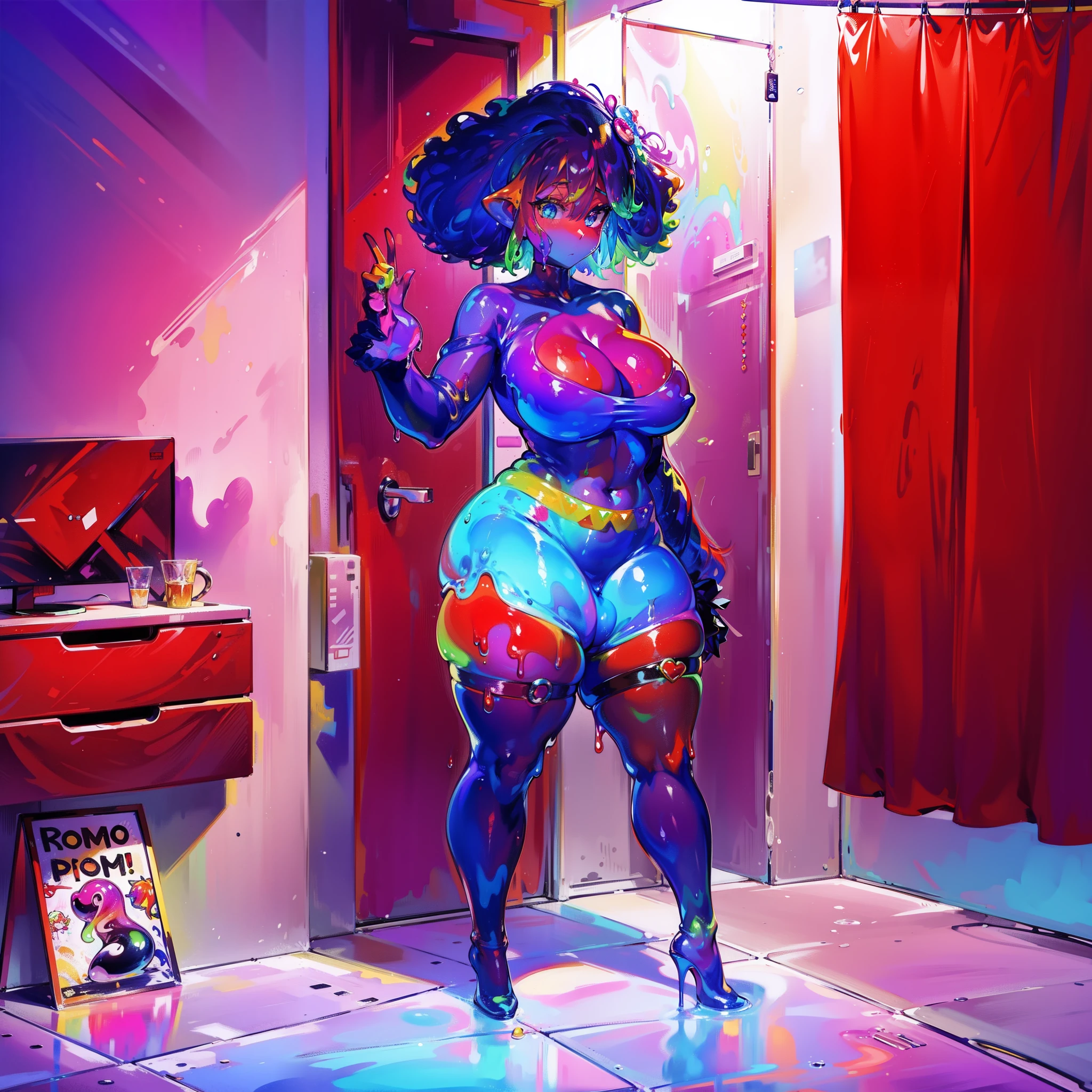 Extremely colorful slime girl, rainbow slime girl, slime girl made of colorful goo!, Rainbow slime girl, hourglass figure, imense breasts, immensely thick thigh, fat calves, giant ass, in a regular room, solo, alone, completely alone