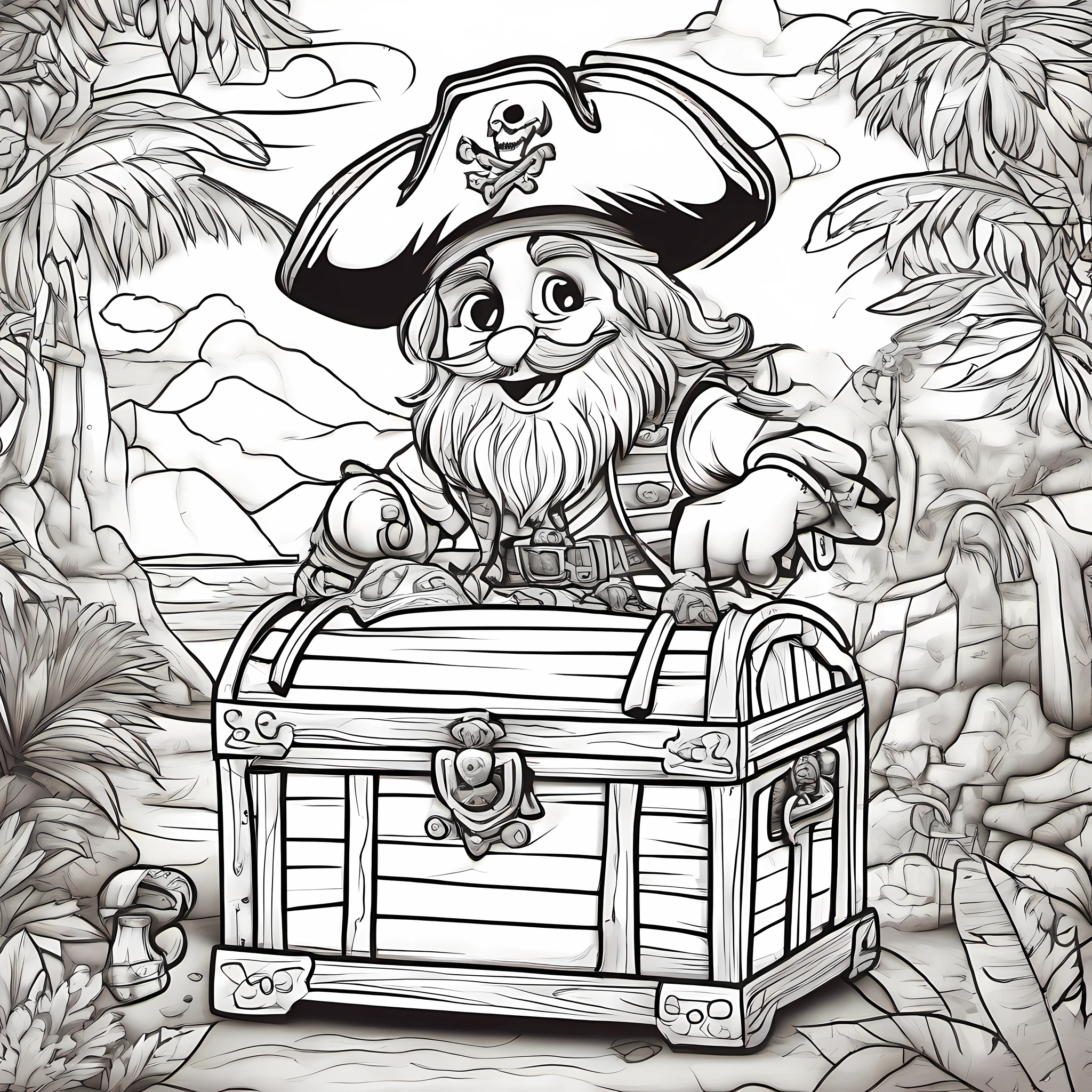 coloring book page, A pirate and a treasure chest, children's cartoon style, linhas grossas, sem cor, fundo branco, strokes only.