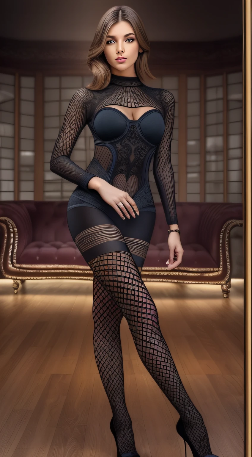 High-resolution full-body photograph of a stunning beautiful girl with a perfect slender figure, (((only 1 girl))), Vista completa, con un bodystocking negro transparente, tacones altos, Lying sexy on the couch, piernas maravillosas, maravilloso rizado, Pelo salvaje y largo, Hiperrealista, foco nítido, Afilado, Intrincadamente detallado, HDR, 32k --con 9:16, Cabello largo, Taladro de pelo, maquillaje, cinematic lighting, Canon, Gran angular, UHD, UHD, Obra maestra, ccurar, Anatomically correct, piel texturizada, super detalle --aut