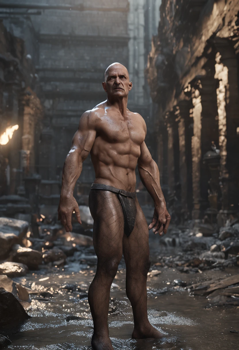 ((48-year-old gentlemanly man crucified))（((Bang))))（((Naked man stuck on a cross))）（((Naked Men))）（((a handsome))）（((Upper body naked))）(Professional 3D Rendering:1.3) in the (Realistic:1.3) The most beautiful artwork photos in the world，Features soft and shiny male heroes, ((Epic Hero Fantasy Muscle ManRough Wet Hero Angry Short Haired with Short Hair and Ferocious Expression in Dynamic Pose, fantastic location, majestic cluttered environment)), Full body 8K unity rendering, action SHOT, skin pore, Very dark lighting, Heavy shading, Detailed, Detailed face, (Vibrant, photos realistic, Realistic, Dramatic, Dark, Sharp Focus, 8K), (Old leather garments damaged by weathering:1.4), (Convoluted:1.4), Decadent, (Highly detailed:1.4), Digital Painting, rendering by octane, art  stations, concept-art, Smooth, Sharp Focus, Illustration, Art Germ, (Roisch:0.23), Vlop Ilya Kuvshinov, Gregg Rutkowski and Alphonse Mucha Gracias, (Global Illumination, studio lights, volumettic light), Heavy rain, particles floating, lotr, Fantasy, elf, full body Esbian, ((Dark ancient city background:1.3)),CG Sessa,art  stations