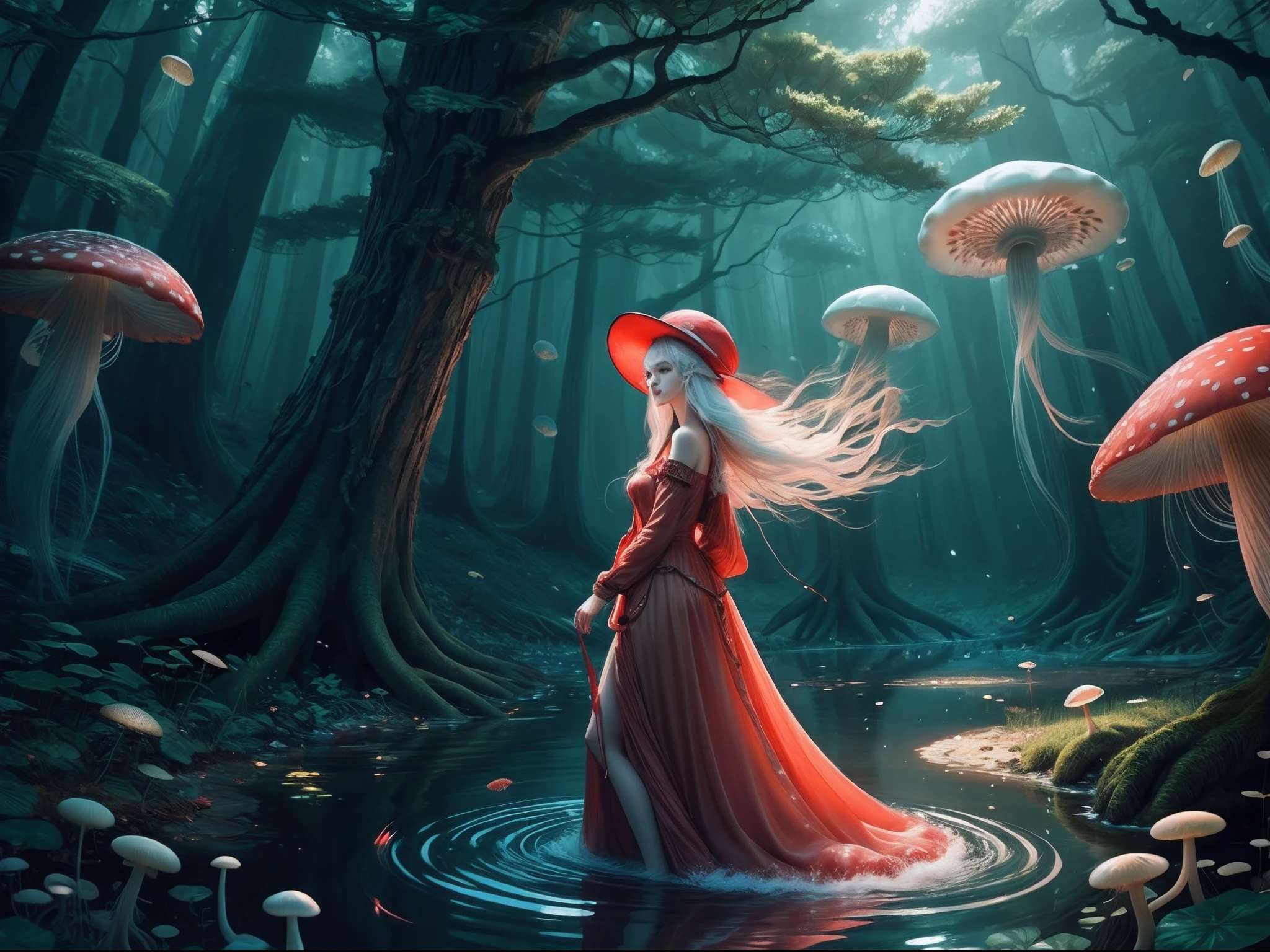 red jellyfish,jellyfishforest, 1girl, long hair, dress, solo, white hair,red hat,mushroom, nature, outdoors, tree, walking, forest, water