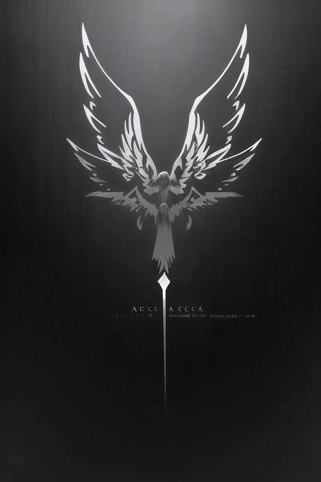 uma foto em preto e branco de uma espada alada com asas, arcanjo, anjo escuro, ''wallpaper of a phoenix, Tiro distante High Angel, black wings instead of arms, Anjo com asas pretas, angelic, paper awesome wallpaper, anjo, ''wallpaper of a phoenix resting, Fanart oficial Behance HD, papel de parede escuro, estilo de arte escuro, papel de parede minimalista