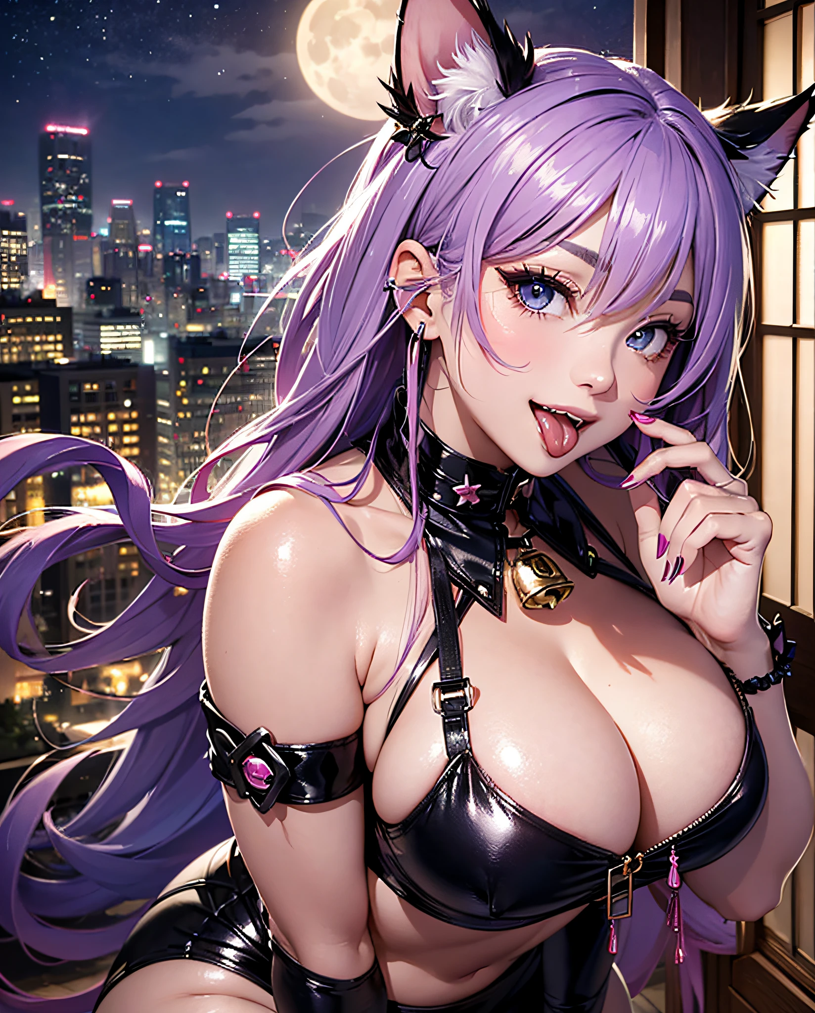 16K Ultra High Definition
Highest Quality
Glamorous cat girl
Super big ass and super big ass
Super Detail
Ultra-realistic body
Shiny skin
Glossy detailed hair texture
long beautiful long hair with gradient color from black to blue,,,,,,,,,,
Sly smile
Cute fangs and pink tongue peek out
plump pink nipple rings protruding slightly from her outfit
Collar with bell
Sexy on her body、This pose is、It is a pose that hides very large breasts with hands.
Tail extending from her ass
Bewitching smoke covering the surroundings。The background is a Japanese-style room at night where you can see the moon from the window