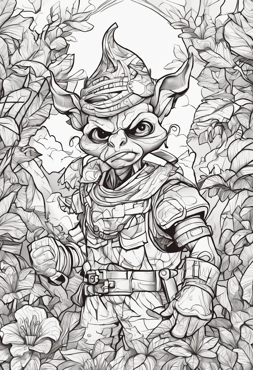 Generate an image of a colored goblin in an art style suitable for a coloring book. Make sure the picture is clear and easy for children to color.. The image should be large and detailed enough to take up half a page of a standard coloring book.. el dibujo que tenga marco