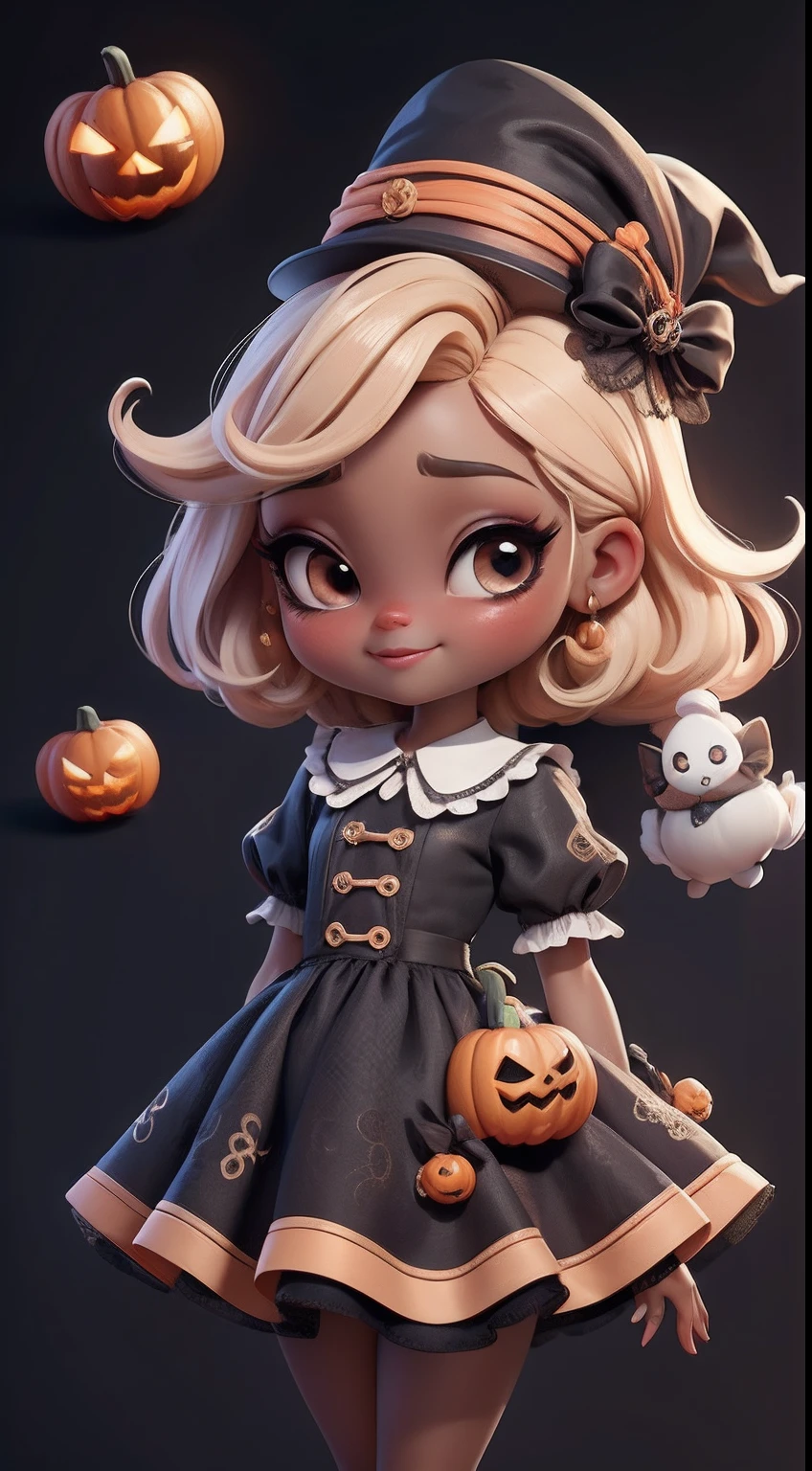 Create a series of cute dolls style chibi afro skin dread with a cute halloween theme, each with lots of detail and in an 8K resolution. All dolls should follow the same solid background pattern and be complete in the image, mostrando o (corpo inteiro, incluindo as pernas: 1.5)

Boneca Mini halloween: Chame-a de Marina. Ela deve ter cabelos pequenos em preto e laranja pastel. Seus olhos devem ser grandes e expressivos, with long eyelashes and rosy cheeks. Sorriso delicado e branco. Marina deve estar vestida de vestido preto e dourado, an ornate hat. She should bring halloween accessories. Certifique-se de adicionar detalhes nas roupas, such as buttons and pockets, sapato bonito

Certifique-se de adicionar sombras, texturas e detalhes nos cabelos, roupas, Halloween utensils, to make them even more adorable and charming.