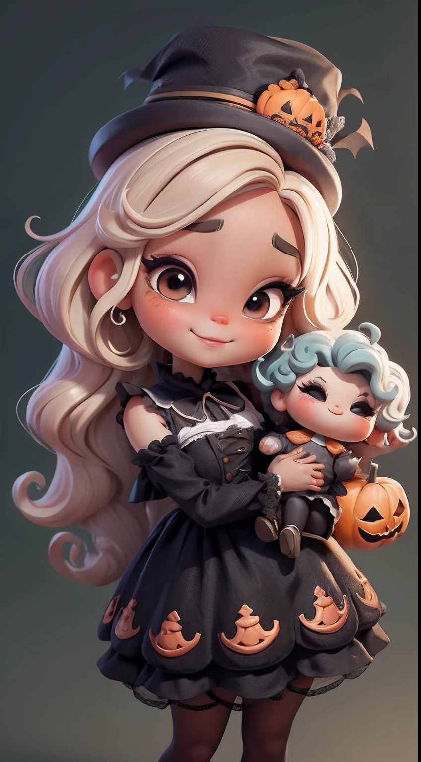 Create a series of cute dolls style chibi afro skin dread with a cute halloween theme, each with lots of detail and in an 8K resolution. All dolls should follow the same solid background pattern and be complete in the image, mostrando o (corpo inteiro, incluindo as pernas: 1.5)
Boneca Mini halloween: Chame-a de Marina. Ela deve ter cabelos pequenos em preto e laranja pastel. Seus olhos devem ser grandes e expressivos, with long eyelashes and rosy cheeks. Sorriso delicado e branco. Marina deve estar vestida de vestido preto e dourado, an ornate hat. She should bring halloween accessories. Certifique-se de adicionar detalhes nas roupas, such as buttons and pockets, sapato bonito
Certifique-se de adicionar sombras, texturas e detalhes nos cabelos, roupas, Halloween utensils, to make them even more adorable and charming.