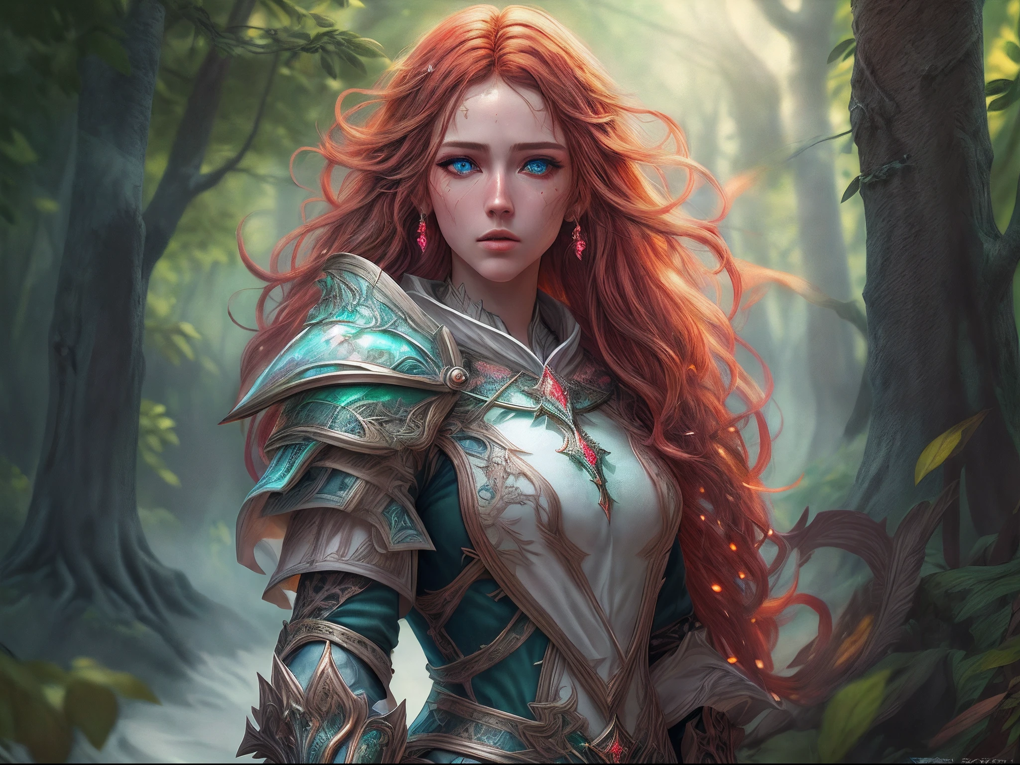 a picture of woman paladin of nature protecting the forest, controlling magical plants, tanjoreai, a woman holy knight, protector of nature, red hair, long hair, full body (best details, Masterpiece, best quality :1.5), ultra detailed face (best details, Masterpiece, best quality :1.5), ultra feminine (best details, Masterpiece, best quality :1.5), red hair, long hair, braided hair, pale skin, blue eyes, intense eyes, wearying heavy armor, white armor (best details, Masterpiece, best quality :1.5), green cloak, flowing cloak, armed with a sword, glowing sword fantasysword sword, fantasy forest background, D&D art, RPG art, magical atmosphere magic-fantasy-forest, ultra best realistic, best details, best quality, 16k, [ultra detailed], masterpiece, best quality, (extremely detailed), ultra wide shot, photorealism, depth of field, hyper realistic painting, 3D rendering