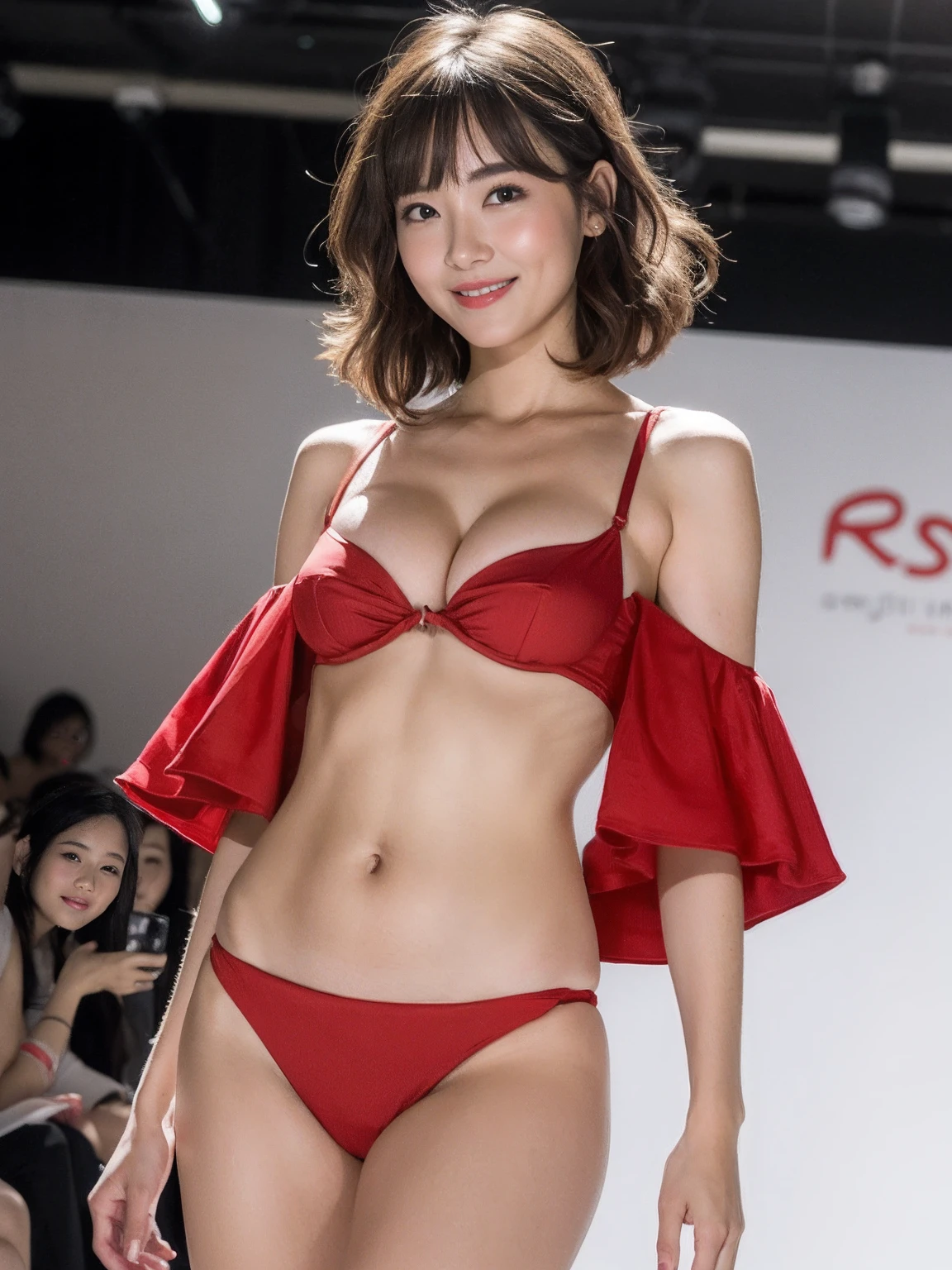 (Masterpiece:1.3), (8k, Photorealistic, RAW Photography, Best Quality: 1.4), (((1girl:1.3))), A pretty woman with perfect figure :1.4, Cute face, Beautiful Face, (Realistic Face), Beautiful Hairstyle, Realistic Eyes, Beautiful Details, (Realistic Skin), Beautiful Skin, Attractive, Ultra High Definition, Ultra Realistic, Very Detailed, (small breasts:1.3), (cleavage:0.8), Japanese walking the runway at a fashion show, semi-long curly hair, bangs, (Brown hair, small breasts:1.3), ((slim figure:1.2)), Small buttocks, ((Off shoulder micro light red bikini)), (narrow areola, small areola), (perfectly shaped ), (Small and beautiful ), poses of fashion models, gentle smile