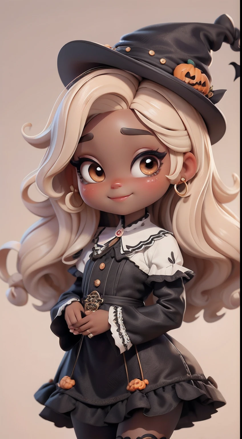Create a series of cute dolls style chibi afro skin dread with a cute halloween theme, each with lots of detail and in an 8K resolution. All dolls should follow the same solid background pattern and be complete in the image, mostrando o (corpo inteiro, incluindo as pernas: 1.5)
Boneca Mini halloween: Chame-a de Marina. Ela deve ter cabelos longos e encaracolados, em preto, dourado e laranja pastel. Seus olhos devem ser grandes e expressivos, with long eyelashes and rosy cheeks. Sorriso delicado e branco. Marina deve estar vestida de vestido preto e dourado, an ornate hat. She should bring halloween accessories. Certifique-se de adicionar detalhes nas roupas, such as buttons and pockets, sapato bonito
Certifique-se de adicionar sombras, texturas e detalhes nos cabelos, roupas, Halloween utensils, to make them even more adorable and charming.