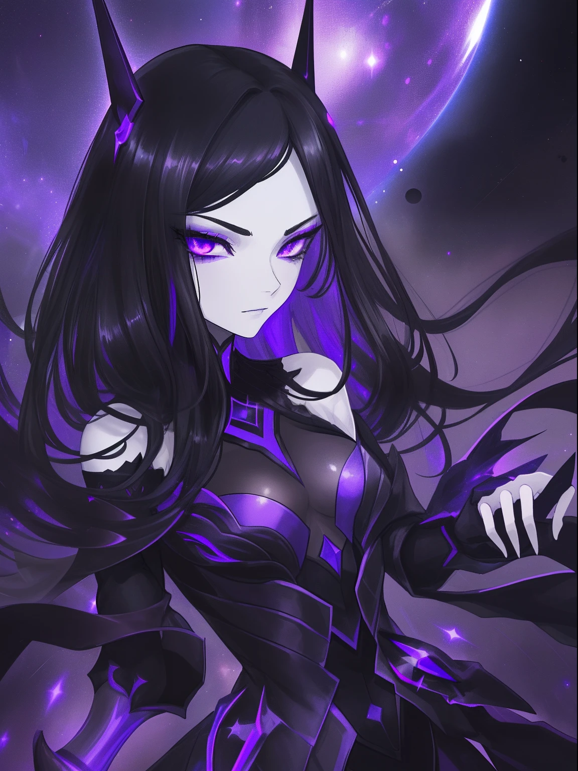 mysterious and dark character, black hair, purple eyes, black dress costume with silver details like a galaxy, pale skin, cosmic fantasy villain
