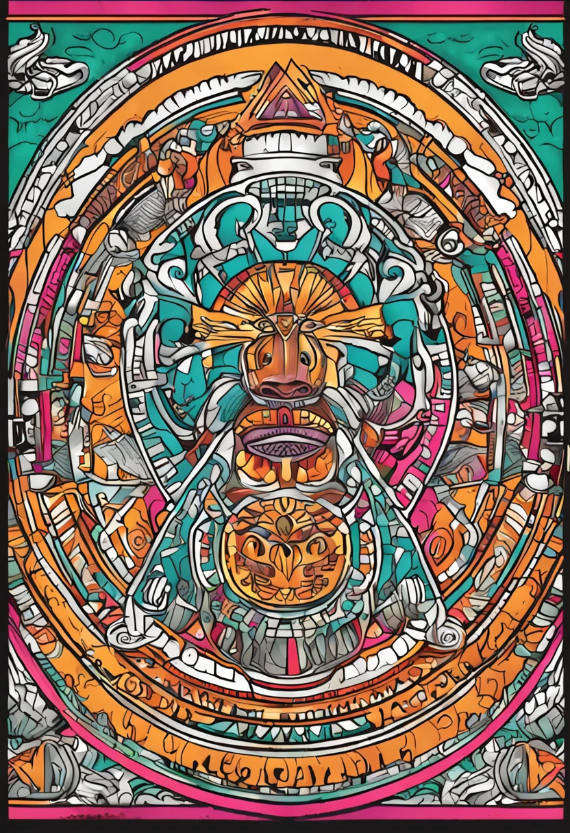 Generate an image of a colored Mayan calendar in an art style suitable for a coloring book. Make sure the picture is clear and easy for children to color.. The image should be large and detailed enough to take up half a page of a standard coloring book.. el dibujo que tenga marco