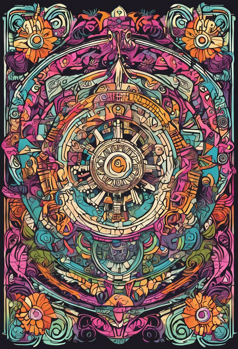 Generate an image of a colored Mayan calendar in an art style suitable for a coloring book. Make sure the picture is clear and easy for children to color.. The image should be large and detailed enough to take up half a page of a standard coloring book.. el dibujo que tenga marco
