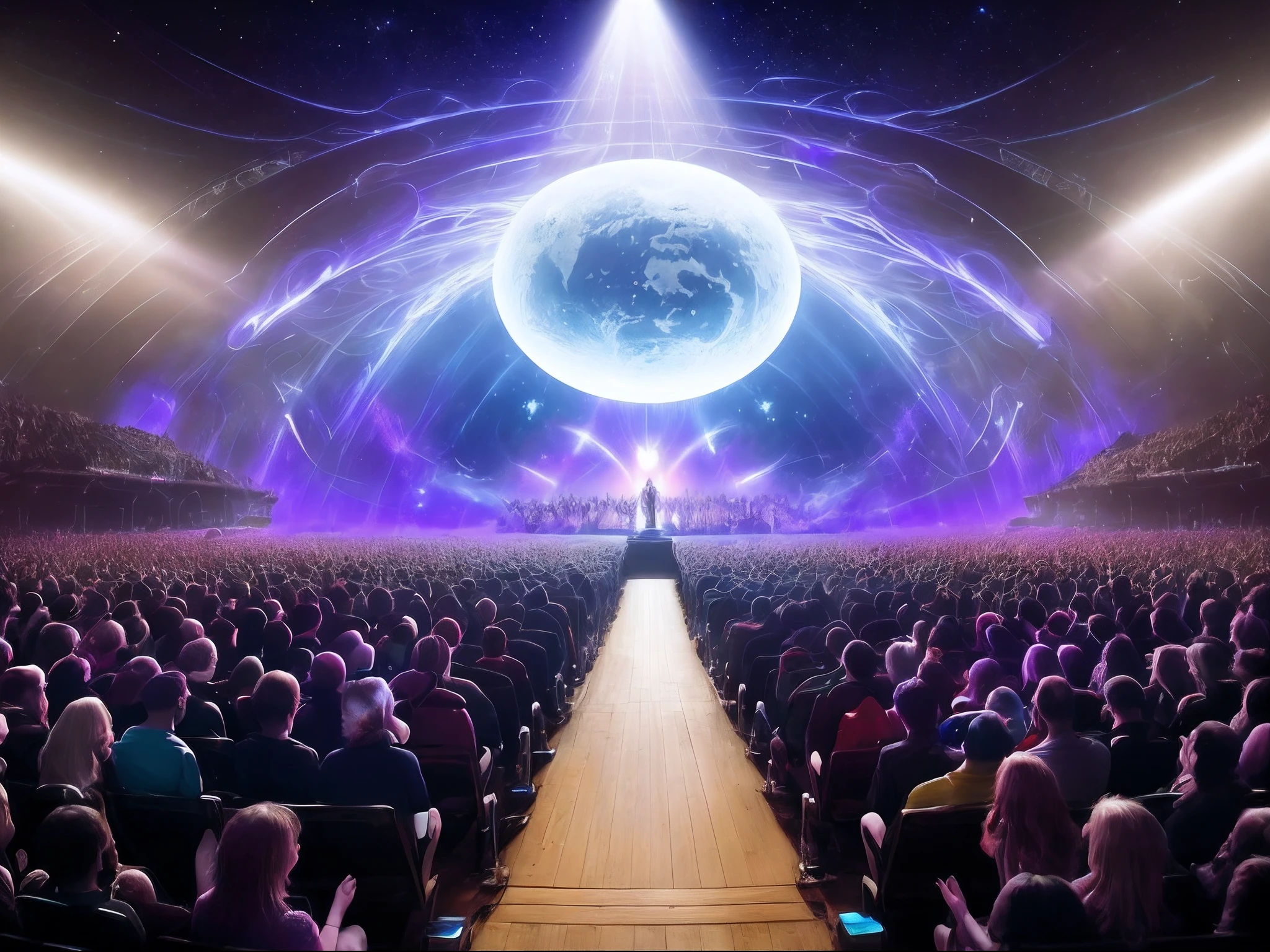 Paint a picture of Faithless captivating an interstellar audience on a lunar stage, with the Earth's awe-inspiring presence reminding everyone of their earthly origins.
Imagine an interstellar gathering on the moon, drawn together by the magnetic pull of Faithless' music. The lunar stage is a masterpiece of design, radiating with pulsating lights and holographic effects that create an immersive visual experience. Faithless takes the stage with an energy that reverberates through the galaxy, their music bridging the cosmic divide. The audience, composed of diverse extraterrestrial beings, is spellbound by the band's performance. Above them, Earth gleams like a distant jewel, a poignant reminder of the universal thread that connects all life forms. The image captures the interstellar unity, Faithless' captivating presence, and the humbling realization of our shared origins on Earth.