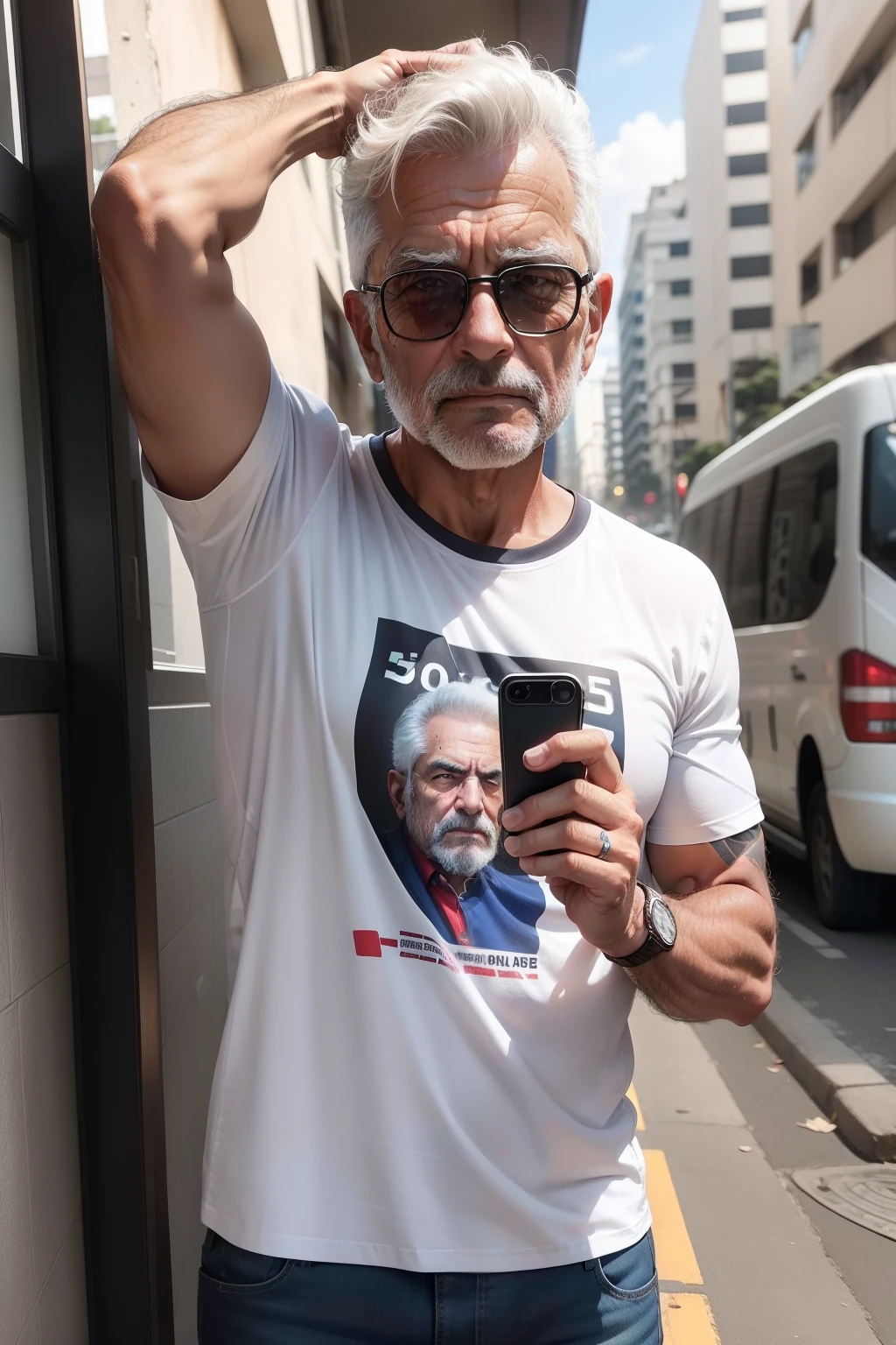 crie uma pessoa forte, homen, com uma camisa do sao paulo, 50 anos, cabelos esbranquisado, tirando foto no espelho com um iphone 14