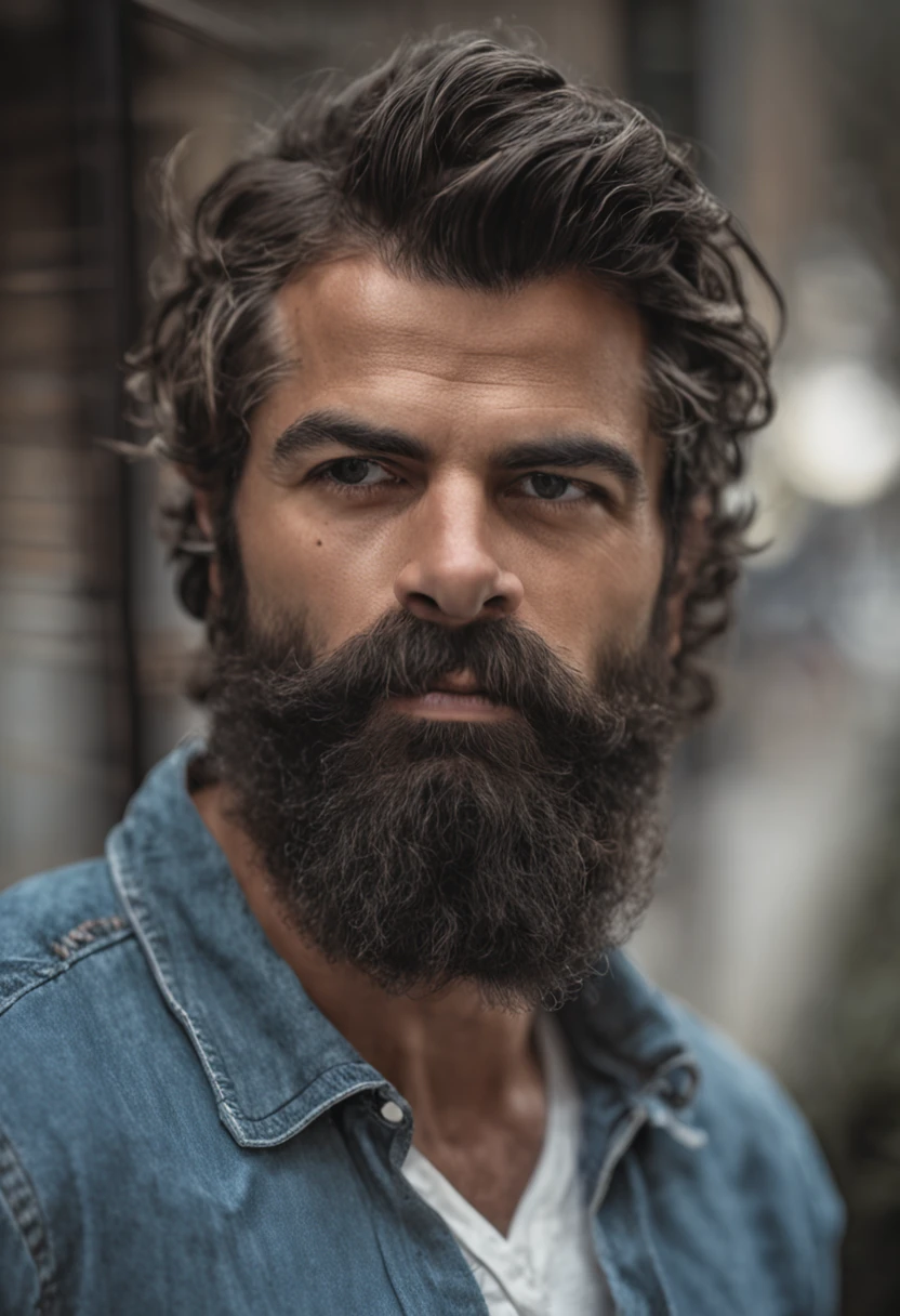 Homem com barba e camisa branca posando para foto, peito peludo, ombros peludos, pelos esparsos no peito, pelos no peito, strong masculine features, homem muito atraente com barba, homem bonito barbudo, torso peludo parcialmente masculino, homem barbudo, barba grossa, masculine features, barba enrolada, bearded and built, peito peludo e corpo peludo, barba cheia, detalhes perfeitos, ultra realista, olhos azuis
