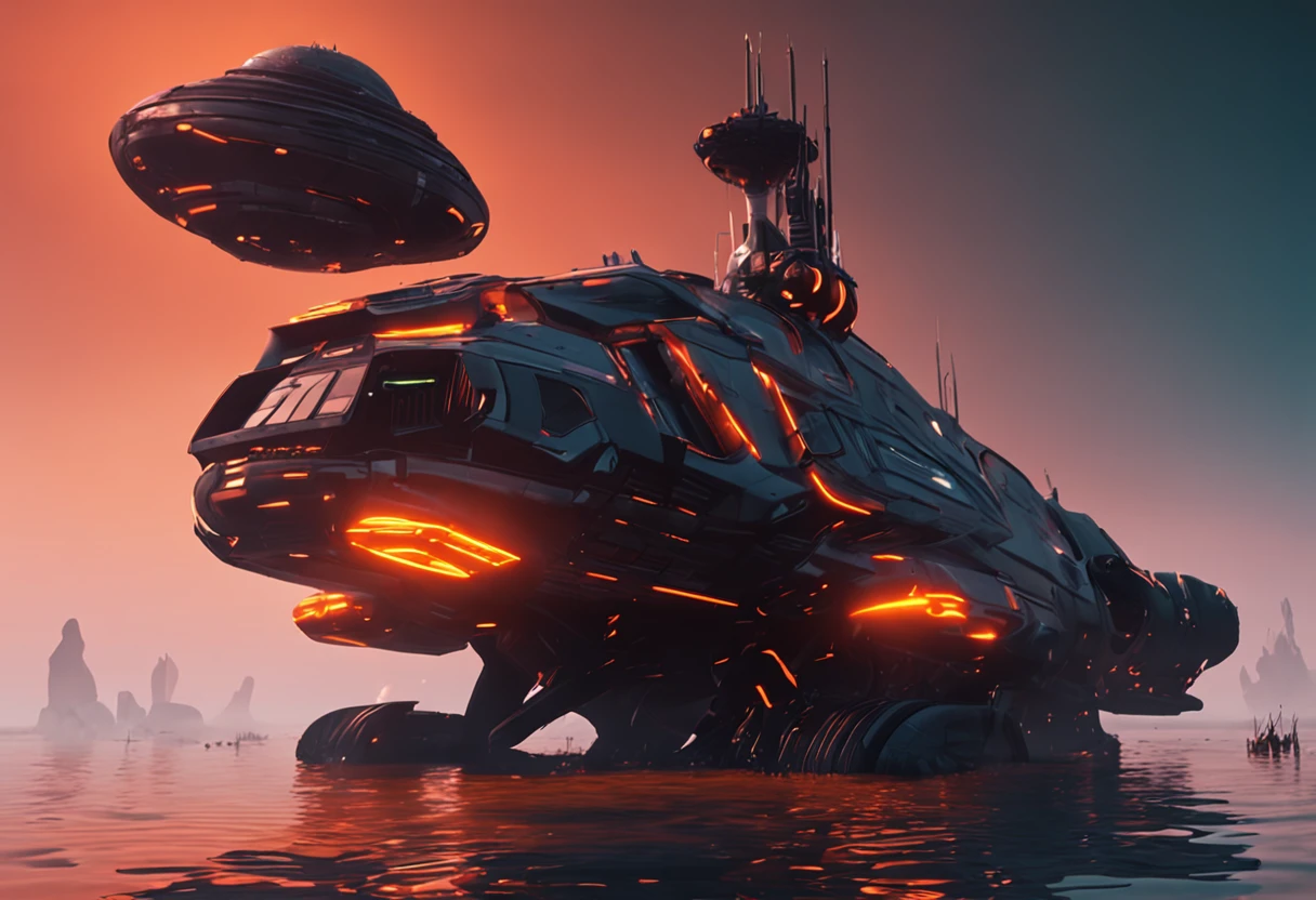 a crashing smoking orange black spaceship on another planet in water near a bar tavern in a sunset