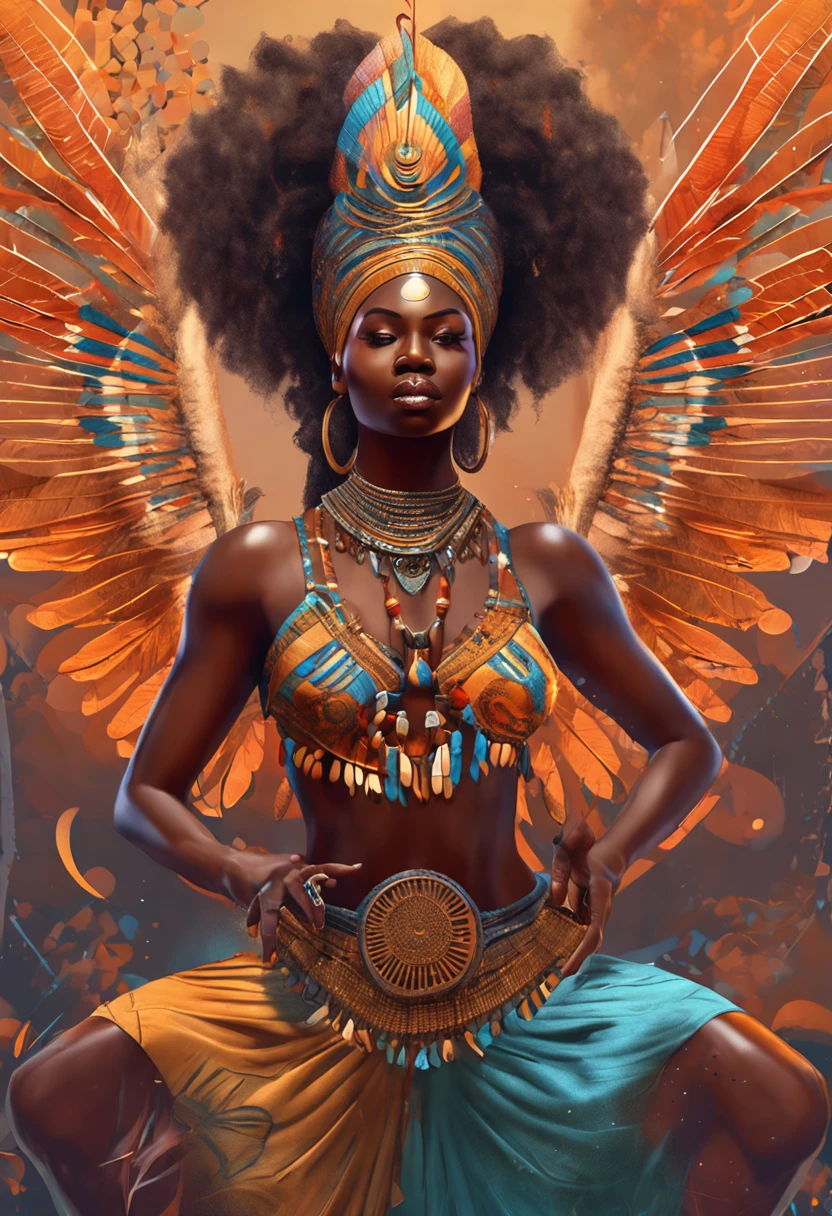 A stunning digital painting capturing the essence of African culture and spirituality, where three female dancers don angelic wings while performing a sacred dance. The dancers' expressions convey reverence and celebration, encapsulating the harmony of the earthly and celestial realms. ((beautiful females)), (( curvy body)), ((well-detailed facial features))., ((big bust)), ((big bosom)), (big thighs), ((transparent clothes)), ((piercing teats)), Wide angle view: Digital illustrators, African cultural themesRender Style: Detailed characters, celestial elements resolution: 8K