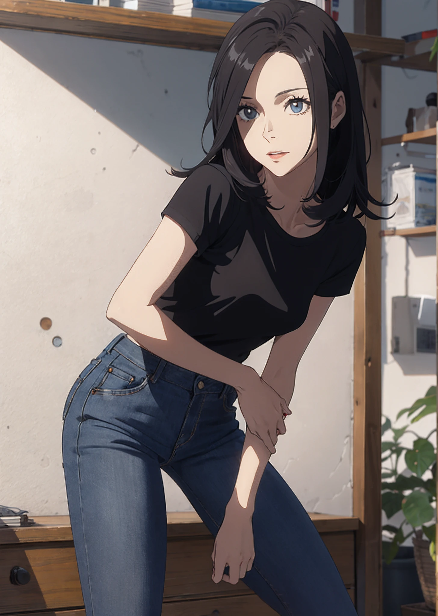 Anime girl in black shirt and jeans leaning on a wooden table - SeaArt AI